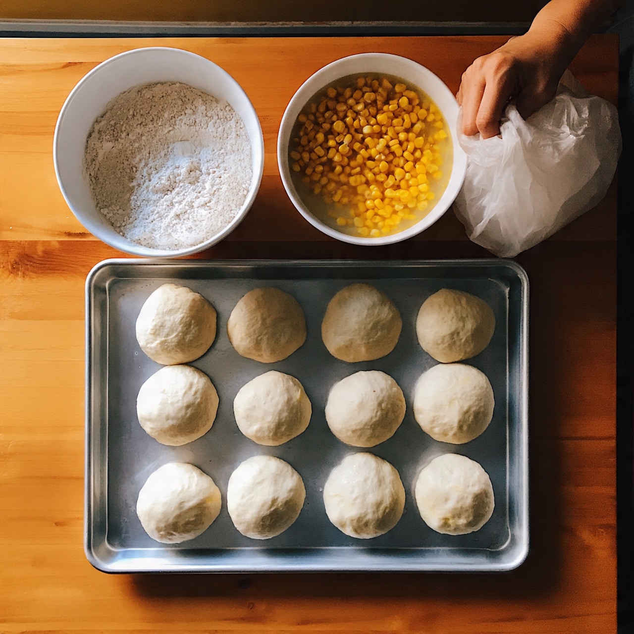 square image The image shows six smooth, round dough balls placed evenly on a silver baking tray at the bottom of the picture. Above the tray, there is a white bowl filled with flour on the left and a white bowl with yellow corn kernels soaked in liquid on the right. Next to the bowls on the right side, a woman's hand is holding a white plastic bag. The surface beneath everything is a warm-colored wooden table. photo taken with an iphone --ar 4:5 --v 7