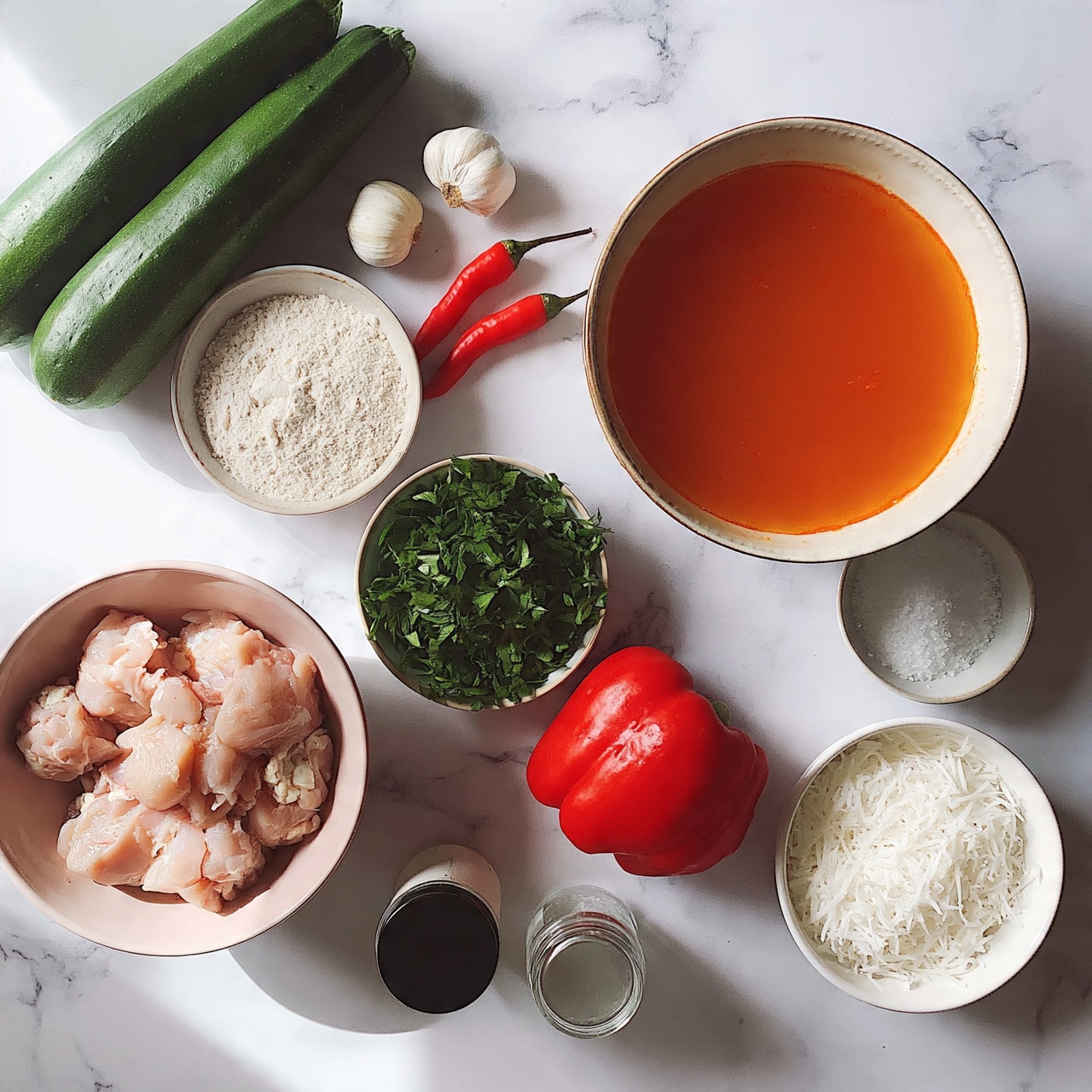 square image The image shows many cooking ingredients neatly placed on a white marbled surface. There are two long green zucchinis on the top left, two garlic cloves next to a small bowl of white flour, and two red chili peppers near the center. A large bowl filled with orange broth sits in the middle, below which fresh green chopped herbs are arranged in a small round bowl. Below the herbs is a bright red bell pepper. A light pink bowl with chopped raw chicken pieces is on the left side. Nearby, there is a white bowl filled with white shredded cheese and another small bowl with fine white granules, likely salt. Two small jars, one with a black lid and one clear with a metal top, are positioned near the bottom middle. The overall setup is clean and well-organized on the white marbled background. Photo taken with an iphone --ar 4:5 --v 7