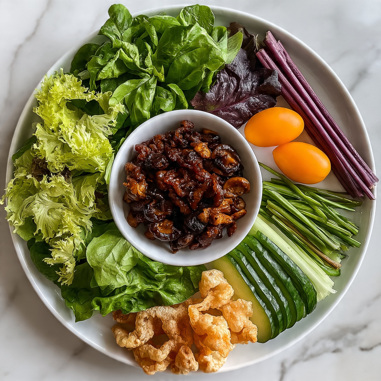 square image A white plate with a bowl in the center filled with dark brown cooked meat and mushrooms. Around the bowl, there are fresh leafy greens with different green tones, some light and curly, others darker and smooth. On the right side of the plate are two bright orange cherry tomatoes next to long, thin purple vegetables. Below them are thin green vegetable sticks and slices of cucumber arranged neatly in a row. At the bottom of the plate are light brown crispy pork rinds. The plate is placed on a white marbled surface. photo taken with an iphone --ar 4:5 --v 7