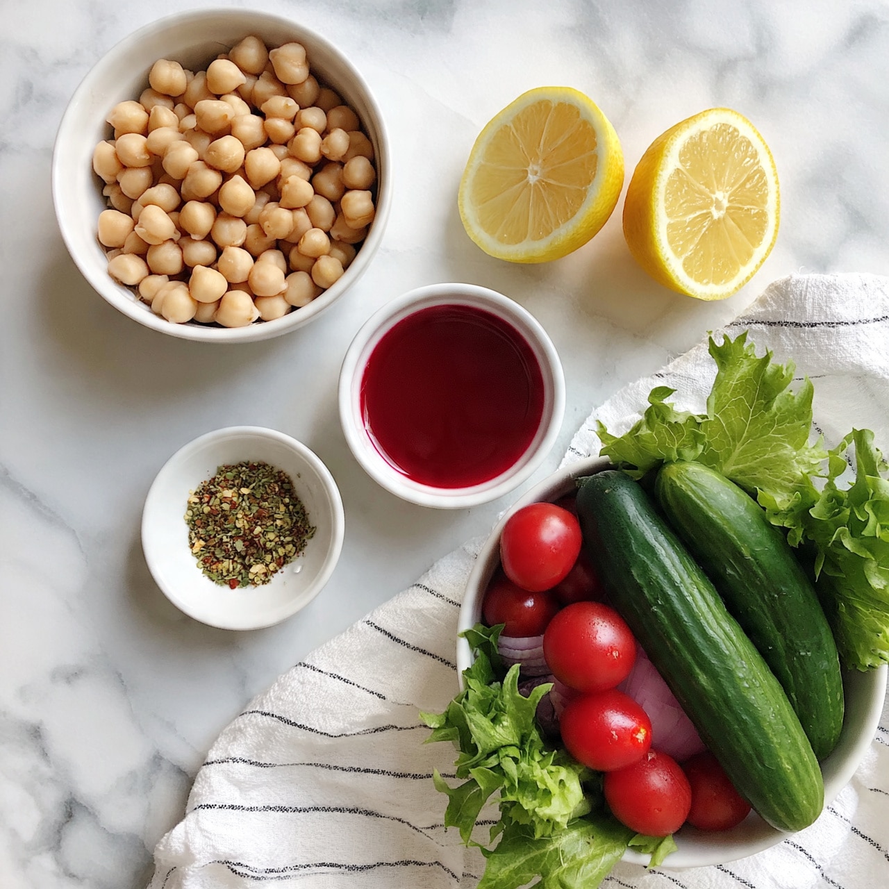 square image The image shows fresh ingredients on a white marbled surface. At the top left is a white bowl full of light beige chickpeas. Next to it on the right are two lemon halves with bright yellow flesh. Below the lemons is a small white bowl filled with a deep red liquid, likely beet or a similar juice. On the left side below the chickpeas is a tiny white bowl containing a dry spice mix with green and red bits. At the bottom right is a larger white bowl holding three dark green cucumbers, bright red cherry tomatoes, fresh green lettuce leaves, and a small piece of purple onion hidden under the lettuce. A white cloth with thin black stripes is lightly draped beside the bowls. Photo taken with an iphone --ar 4:5 --v 7