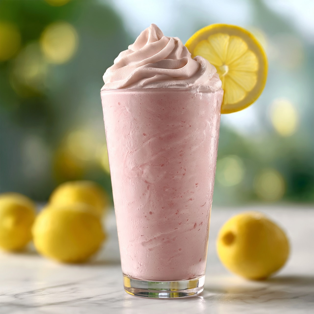 square image A tall clear glass filled with a light pink creamy drink that has a smooth texture, topped with a thick swirl of pale pink whipped cream. A bright yellow lemon slice is placed on the rim of the glass. Around the glass, there are several fresh yellow lemons on a white marbled surface. The background shows soft green and yellow bokeh light spots. Photo taken with an iphone --ar 4:5 --v 7