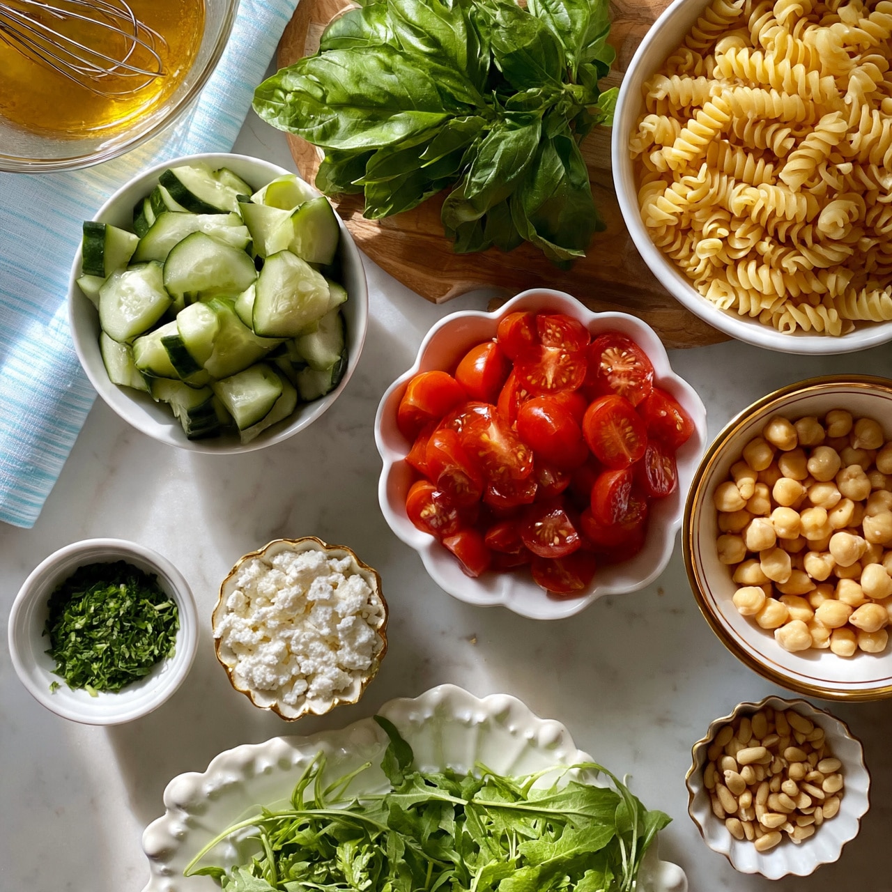 square image The image shows a flat lay of various fresh ingredients on a white marbled surface. At the top right, there is a white bowl filled with uncooked spiral pasta in a light yellow color. To its left, a wooden plate holds large, fresh green basil leaves. Below the pasta, there is a white bowl full of sliced cucumber pieces showing light green inside and darker green edges. In the middle, a white scalloped bowl is filled with bright red cherry tomato halves. To the right of this bowl, another white bowl with a gold rim contains pale beige chickpeas. At the bottom left, a small white bowl holds finely chopped green herbs. Next to it, a white bowl with a gold rim contains crumbled white cheese. Below, a white plate with a scalloped edge holds fresh green arugula leaves. At the bottom right, a small white bowl with a scalloped edge has light brown pine nuts. At the top left corner, a glass bowl contains golden dressing with a whisk inside, next to a light blue and white striped napkin. photo taken with an iphone --ar 4:5 --v 7