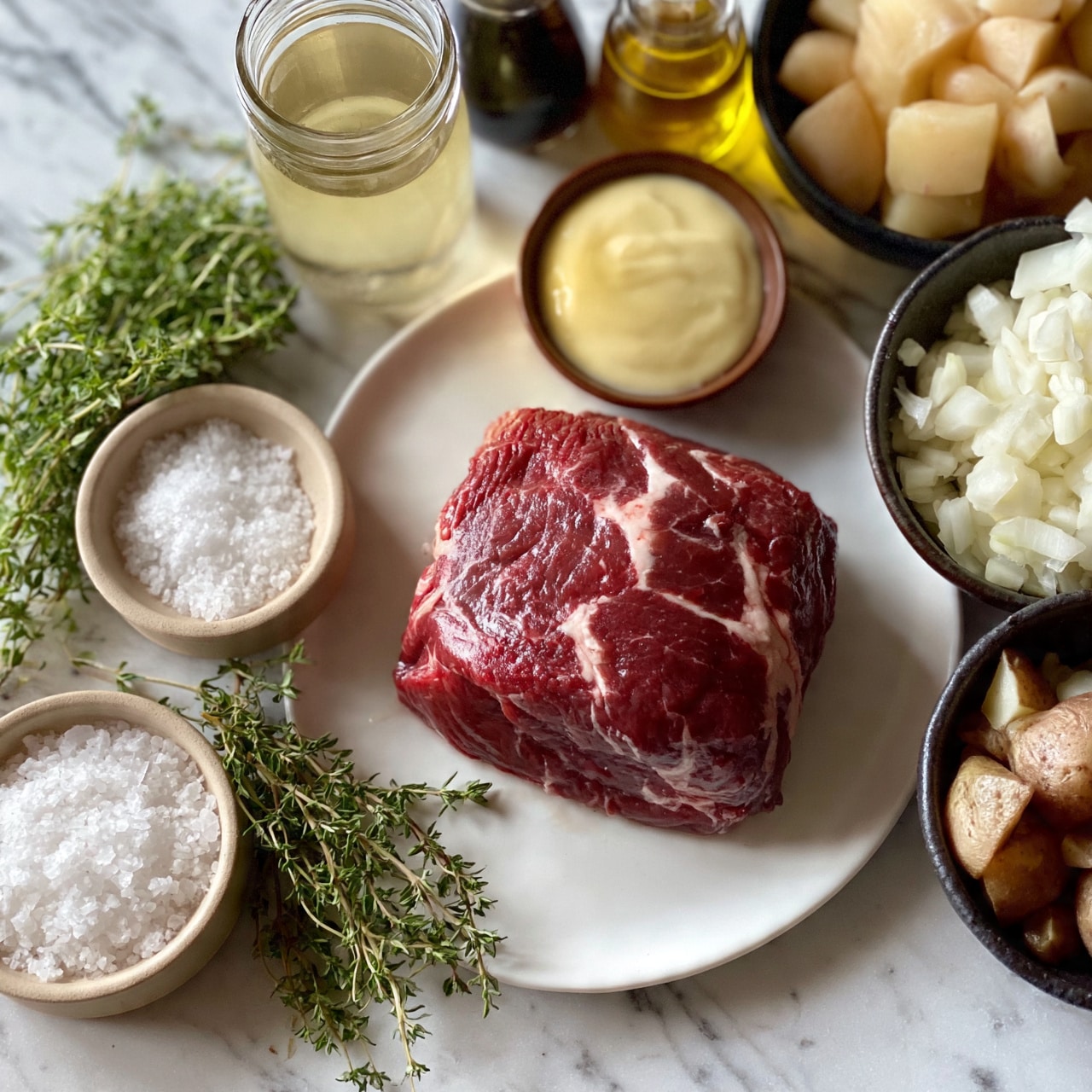 square image A thick dark red raw meat chunk with white marbling lays on a white plate at the center of a white marbled surface. Around the plate are fresh green thyme sprigs, a small round beige bowl filled with coarse white salt, a glass jar with light yellow liquid, a small brown bowl with pale yellow creamy sauce, a dark bowl filled with chopped white onions, and a dark bowl with chopped light brown potatoes. There are two glass bottles, one with dark liquid and one with yellow liquid, placed near the meat plate. photo taken with an iphone --ar 4:5 --v 7