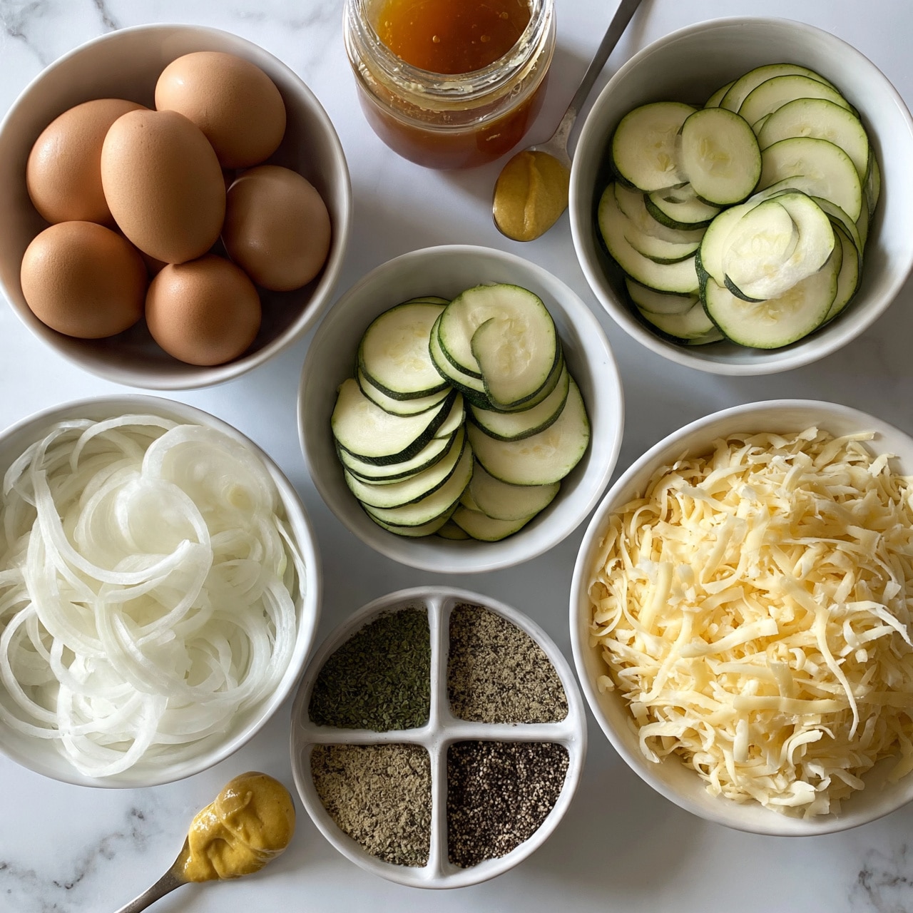 square image The image shows six white bowls arranged on a white marbled surface. One bowl contains brown eggs with smooth shells. Another bowl holds thinly sliced zucchini rounds, pale green with darker green edges. A bowl of thinly sliced white onions is next to it, showing delicate layers. There is a bowl with four evenly divided sections of different spices in powdered form: one green herb, black pepper, and two other seasonings. A spoon with yellow mustard sits beside a jar filled with orange-brown sauce or honey. Finally, a bowl filled with shredded pale yellow cheese completes the setup. Photo taken with an iphone --ar 4:5 --v 7