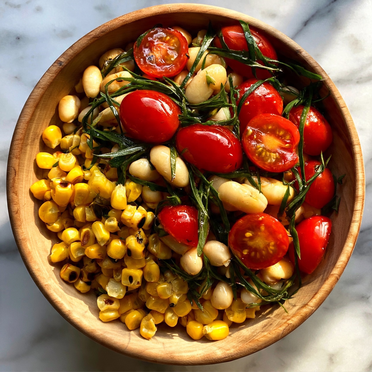square image round wooden bowl holds a colorful mix of salad with several layers. The base layer has bright yellow corn kernels, some slightly charred, scattered unevenly. Mixed in are white beans with a smooth texture and oval shape. On top, there are glossy red grape tomato halves showing their juicy inside. Thin dark green strips of fresh herbs or leafy vegetables are spread throughout, adding contrast. The bowl sits on a white marbled surface that enhances the colors of the salad. photo taken with an iphone --ar 4:5 --v 7