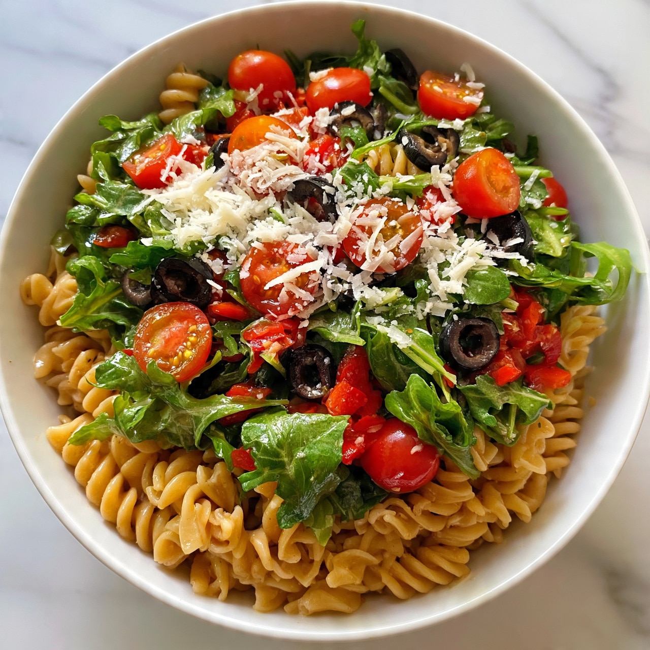 square image A white bowl filled with a colorful pasta salad showing three main layers: the bottom layer is light brown spiral pasta, the middle layer has bright green arugula leaves mixed with red bell pepper bits and sliced black olives, and the top layer is sprinkled with small cherry tomato halves and finely grated white cheese. All the ingredients are mixed together with a glossy texture that looks fresh and appetizing, the bowl is placed on a white marbled surface. Photo taken with an iphone --ar 4:5 --v 7