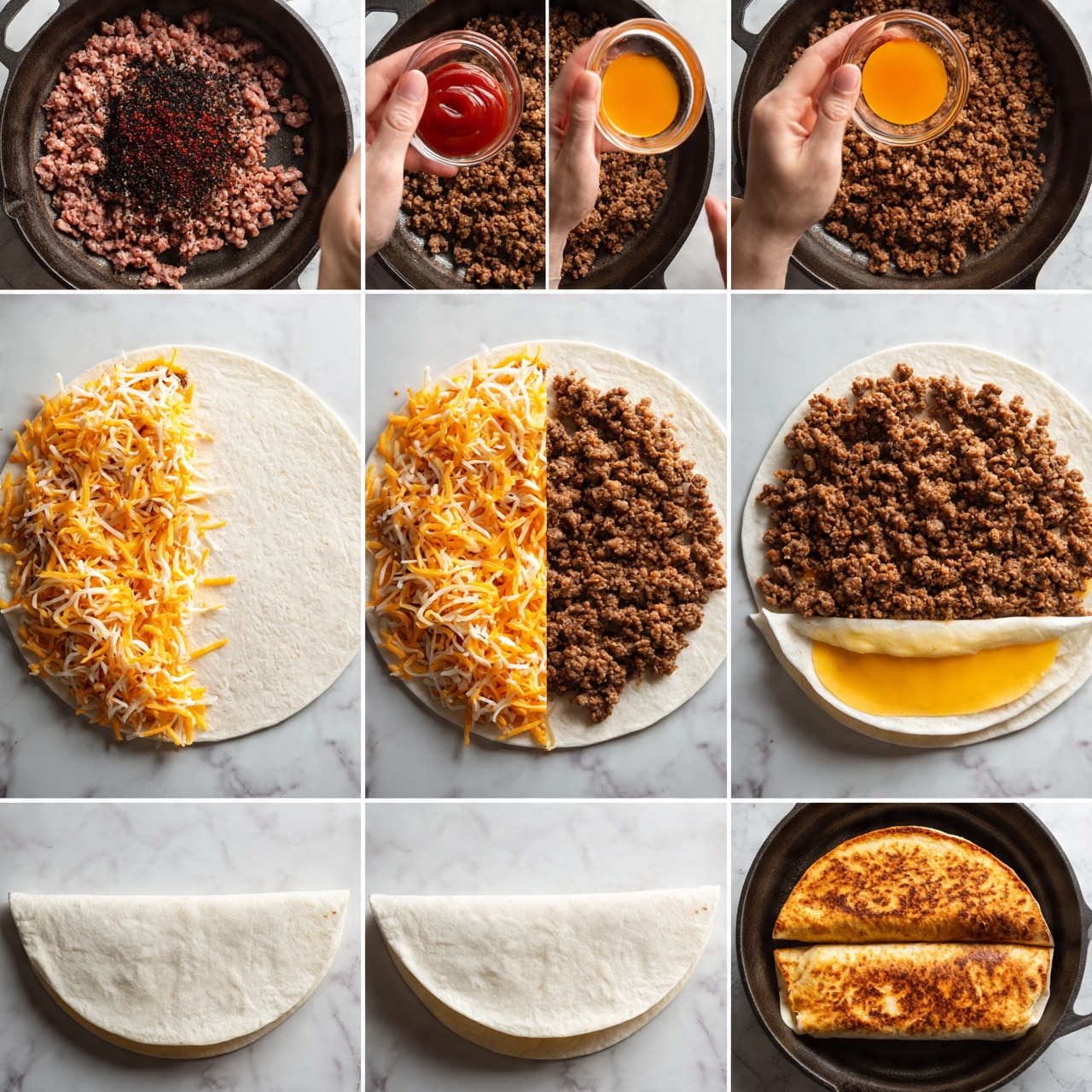 square image The series shows the step-by-step making of cheeseburgers on tortillas. The first two images show a skillet with two layers: raw ground meat with black and red spices scattered on top, then browned, crumbly cooked meat. The third and fourth images feature a woman's hand holding a small clear bowl with red ketchup and then another with orange liquid, both above the browned meat in the skillet. The fifth and sixth images display two white tortillas on a white marbled surface, each layered on the left half with a mix of shredded orange and white cheese, then topped with browned meat evenly spread on the cheese. The seventh image shows the same tortillas with an added second thin layer of cheese on top of the meat. The eighth image presents the tortillas folded in half, covering the filling and showing a smooth curved edge. The ninth image displays the folded tortillas in the skillet, browned with a crisp golden texture on the exposed surfaces. Photo taken with an iphone --ar 4:5 --v 7