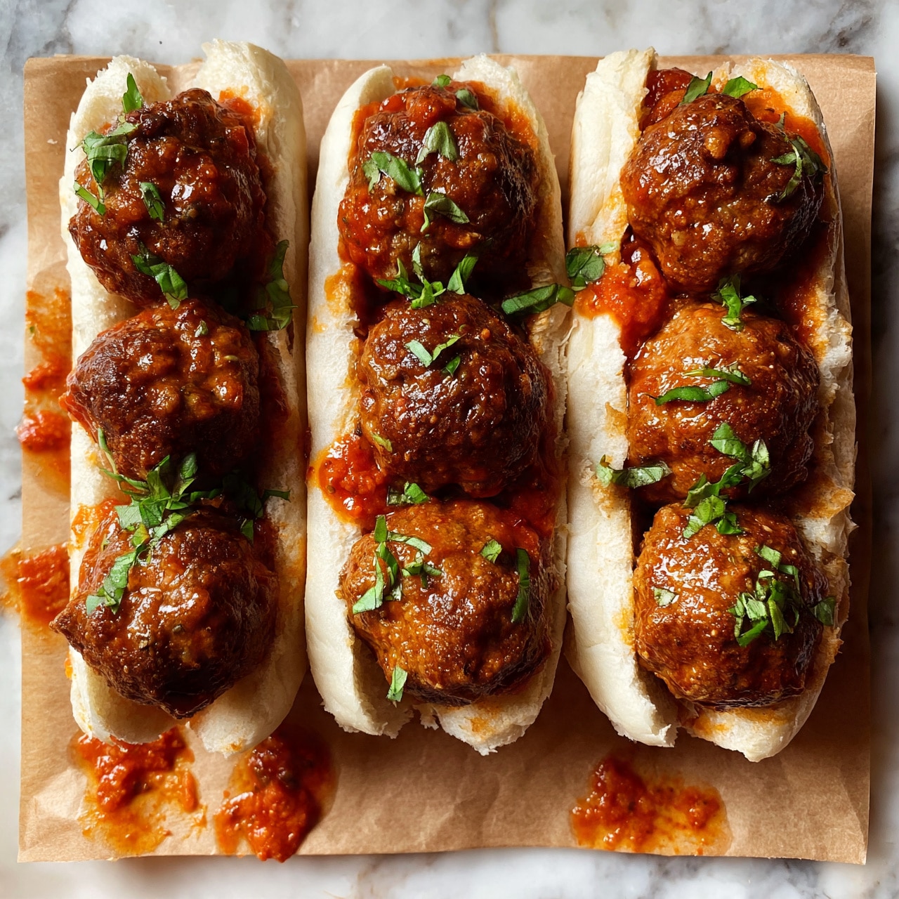 square image The image shows four white sandwich rolls topped with three large, round, brown meatballs each, covered in a slightly shiny red tomato sauce. Small green basil leaves are scattered on top of the meatballs and sauce, adding color contrast. The sandwiches are placed side by side on a sheet of brown parchment paper, which rests on a white marbled surface. Some meat sauce stains can be seen on the parchment paper around the sandwiches. Photo taken with an iphone --ar 4:5 --v 7
