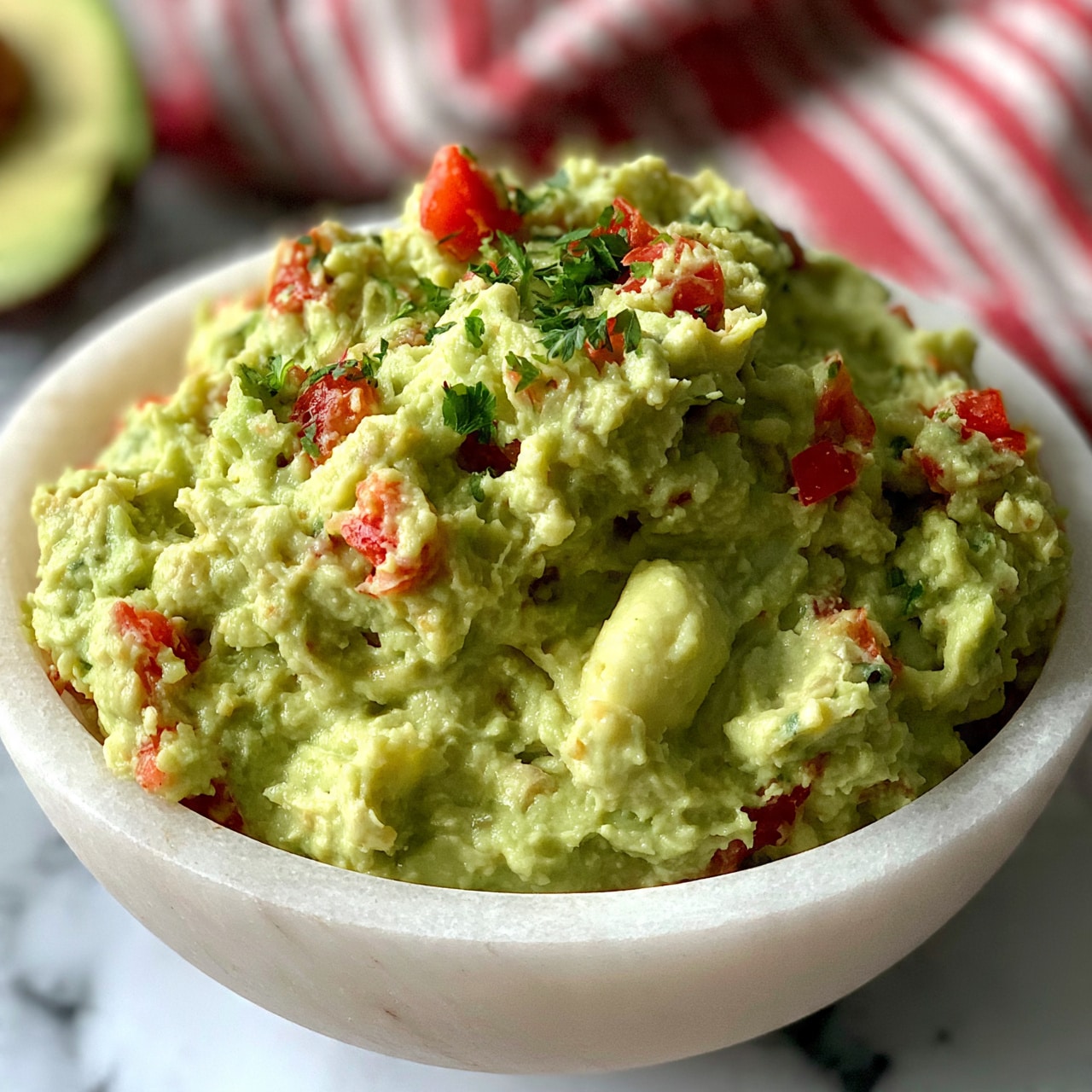 square image A white stone bowl filled with chunky, light green guacamole mixed with small pieces of red tomato and green herbs on top. The guacamole looks creamy with a slightly rough texture and a few uneven lumps showing in the mix. The bowl sits on a white marbled surface, and a striped red and white cloth is blurred in the background, with part of an avocado showing on the left side. Photo taken with an iphone --ar 4:5 --v 7