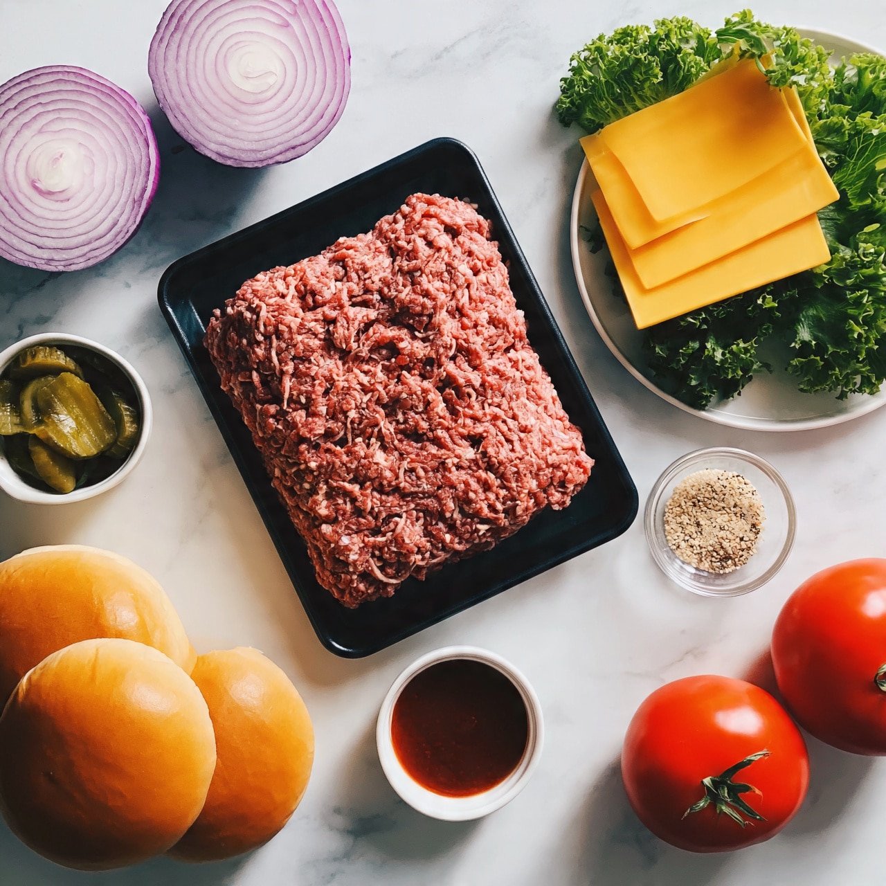 square image The image shows fresh ingredients for making burgers arranged on a white marbled surface. In the center, there is a black tray with a thick layer of raw ground meat that has a slightly coarse texture with thin strands. To the top left, there are two halves of a sliced purple onion with clear ring patterns. Below them, a small white bowl holds several green pickle slices. At the bottom left, there are three smooth golden brown burger buns stacked close together. On the right side, split across the top and middle, a white plate holds three thin yellow cheese slices neatly stacked on fresh green leafy lettuce with ruffled edges. Below this, a small clear glass bowl contains a mix of light-colored spices and sesame seeds. Closer to the center bottom, a small white bowl holds a dark reddish-brown sauce. At the bottom right corner, two smooth bright red tomatoes with green stems complete the scene. Photo taken with an iphone --ar 4:5 --v 7