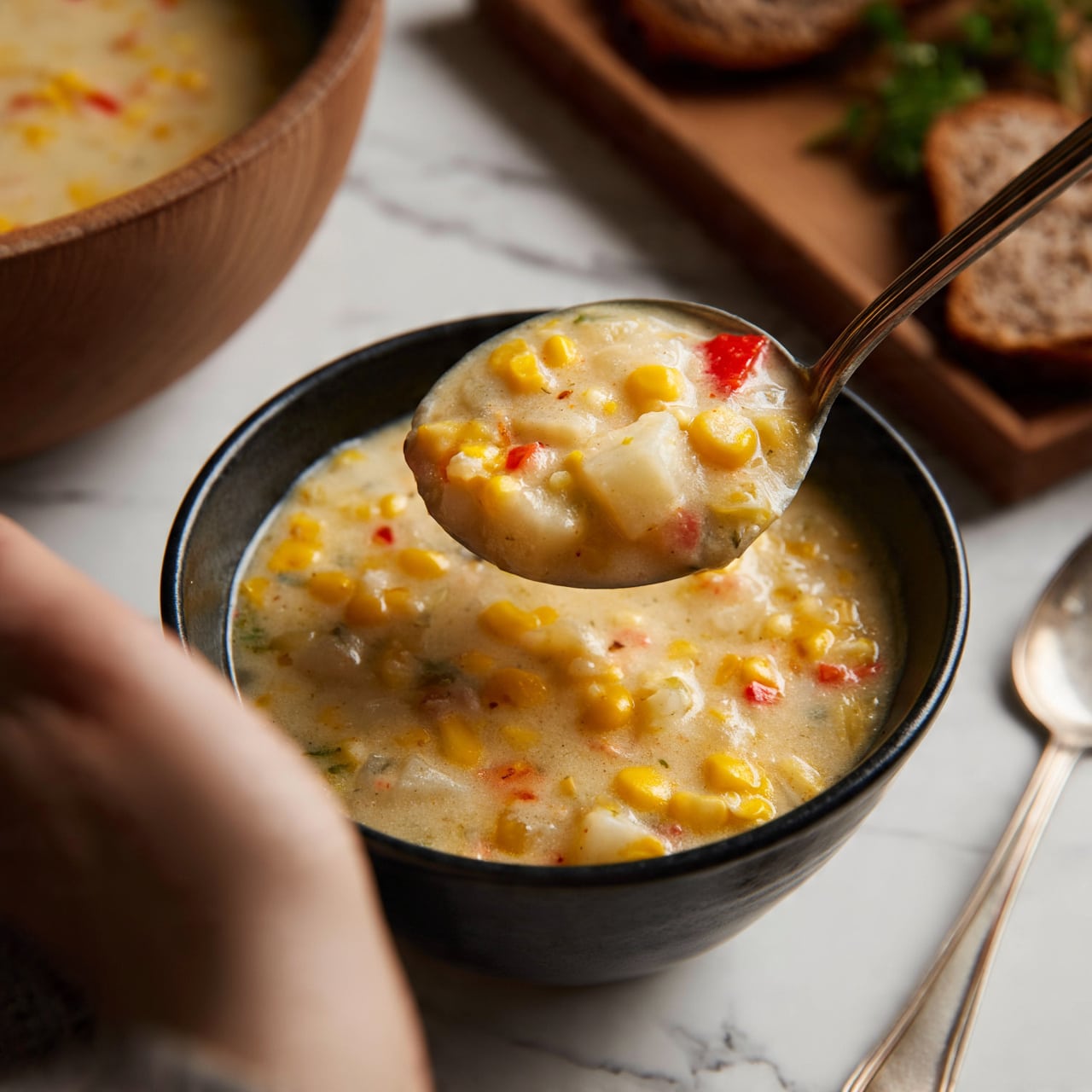 square image A dark bowl filled with creamy soup that has visible pieces of yellow corn, small chunks of white potato, and bits of red pepper, with a woman's hand holding a ladle scooping some soup out. In the background, there is a larger wooden bowl with more soup inside on a white marbled surface, along with a wooden board holding slices of brown bread, some green herbs, and an empty silver spoon. The soup looks thick and slightly chunky with mixed colors from the vegetables. Photo taken with an iphone --ar 4:5 --v 7
