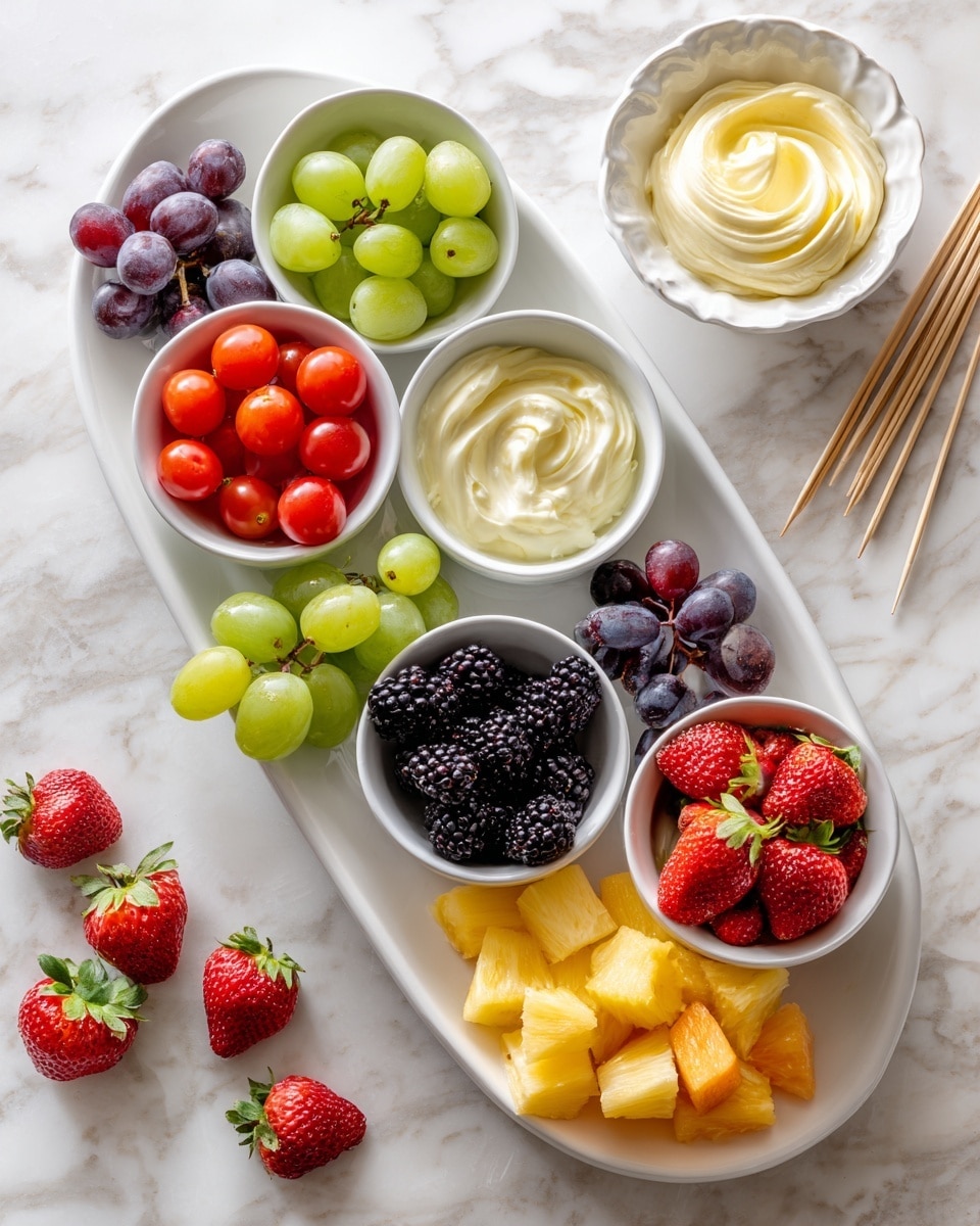 A smooth white marble surface holds seven small white bowls arranged in an oval shape on top of a larger white oval plate. Each small bowl contains different fresh fruit: bright red round cherry tomatoes, light green sliced grapes, dark purple blackberries, red strawberries with green tops, light yellow pineapple chunks, and orange cantaloupe pieces. A few loose strawberries with bright green leaves are scattered around the bowls on the surface. A white scalloped dish with light yellow creamy butter topped with a swirl sits near the top right. Many thin wooden skewers rest next to the dish. The scene is bright and colorful with a fresh, clean look. Photo taken with an iphone --ar 4:5 --v 7