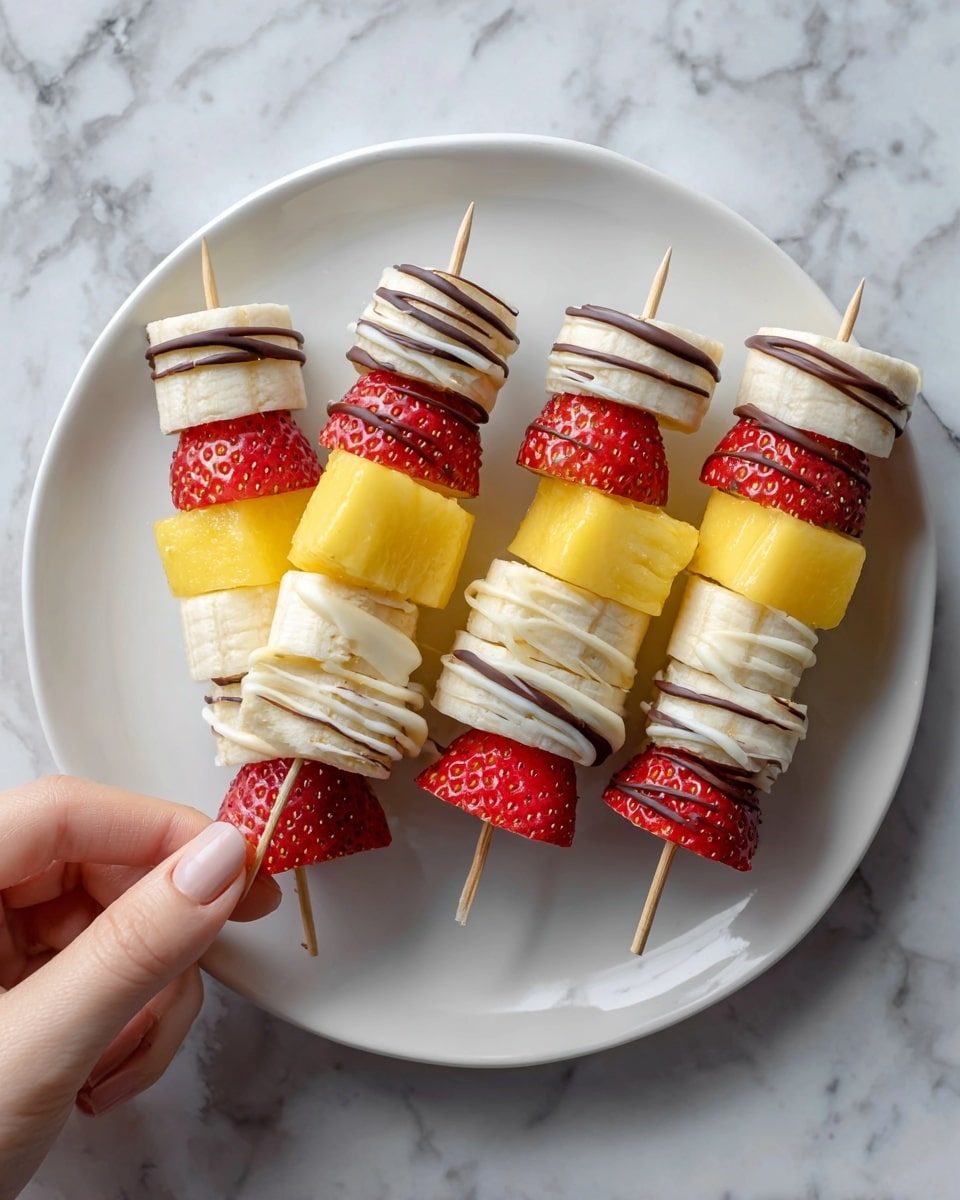 A white plate holds three skewers laid out side by side on a white marbled surface, each skewer layered with colorful pieces. Starting from the bottom, bright yellow mango chunks appear, followed by fresh red strawberry halves in the middle, and topped with creamy white banana slices on the upper part. Each fruit skewer is decorated with thin stripes of dark and white chocolate drizzled diagonally across the pieces. A woman's hand is holding one skewer from the left side, adding a sense of interaction with the food photo taken with an iphone --ar 4:5 --v 7