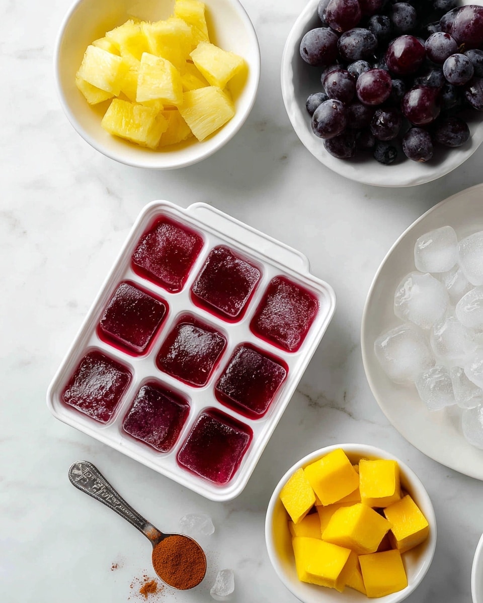 A white ice cube tray filled with red juice sits in the center of a white marbled surface. Above the tray, on the left, is a white bowl with yellow pineapple chunks, and right below it is a white bowl with bright yellow mango pieces and a spoon. To the right of the tray, there is a white bowl full of dark purple grapes. A small white measuring spoon with cinnamon powder is placed nearby on the surface. The scene is bright and neatly arranged, with clean colors and a fresh look. Photo taken with an iphone --ar 4:5 --v 7