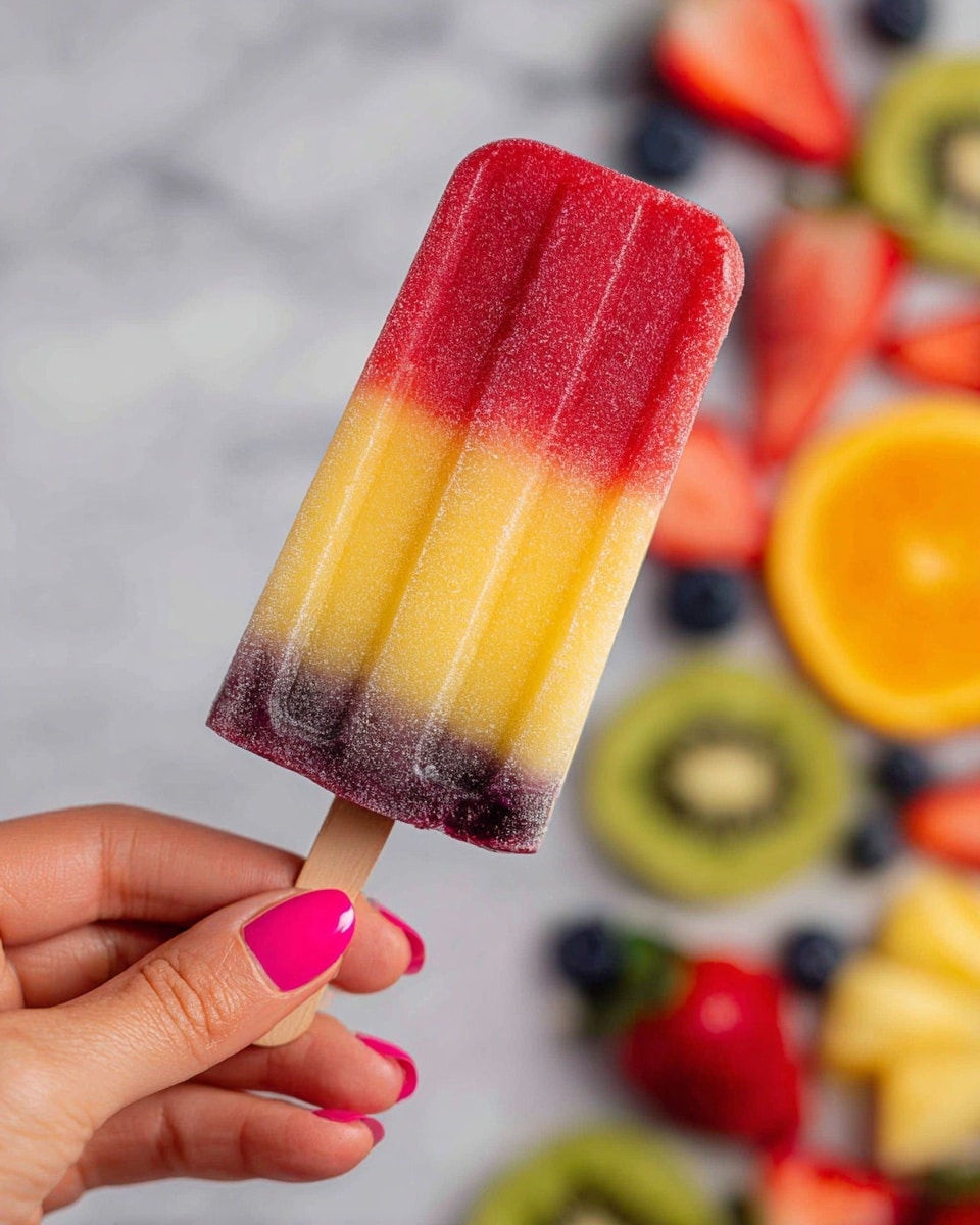 A close-up of a three-layered fruit popsicle held by a woman's hand with pink nail polish, showing a frosty texture. The top layer is bright red, the middle layer is yellow with a smooth appearance, and the bottom layer is dark purple with small fruit bits visible. The blurry background features a white marbled surface scattered with colorful fruits like strawberries, kiwi slices, orange wedges, blueberries, and pineapple pieces, creating a fresh and vibrant scene. Photo taken with an iphone --ar 4:5 --v 7