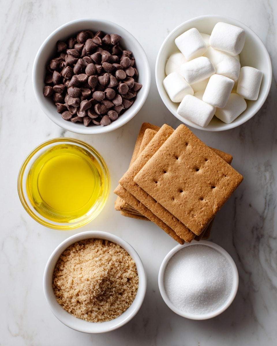 The image shows five small white bowls arranged on a white marbled surface. In the central white bowl, there are five stacked rectangular graham crackers with a light brown color and a rough texture. To the top left, a white bowl is filled with dark brown chocolate chips, showing a shiny, smooth texture. To the top right, another white bowl contains small white marshmallows, soft and fluffy in appearance. Below the chocolate chips, a small glass holds bright yellow melted butter with a smooth, liquid texture. Below the marshmallows, a white bowl is filled with light brown sugar that looks soft and crumbly. photo taken with an iphone --ar 4:5 --v 7