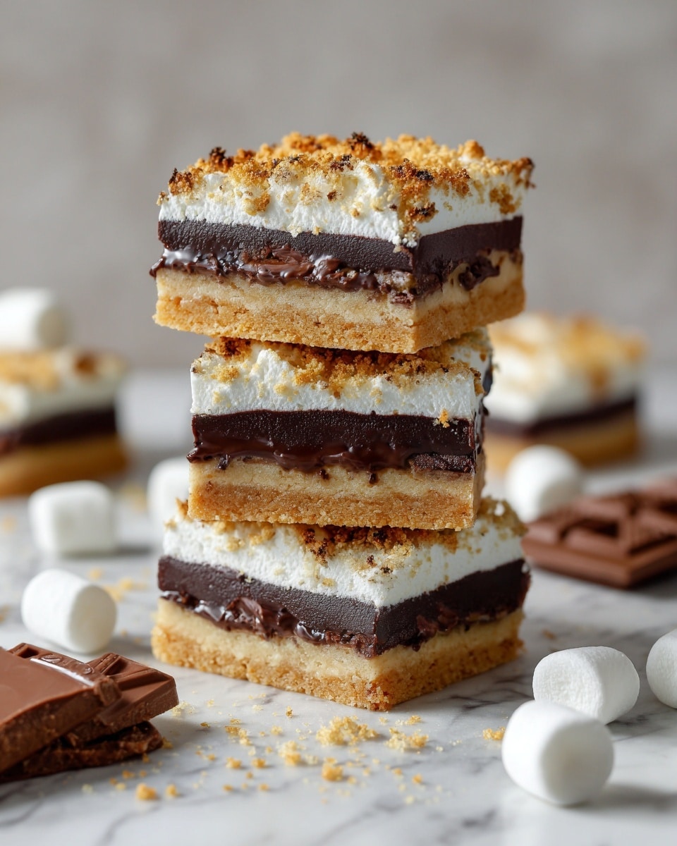 The image shows a stack of four layered dessert squares placed on a white marbled surface. Each square has a bottom layer of golden brown cookie-like crust, followed by a dark chocolate layer, then a soft white marshmallow layer, and topped with light toasted golden brown crumbs. Surrounding the stack are scattered small white marshmallows and pieces of chocolate bars, adding texture and context to the scene. Photo taken with an iphone --ar 4:5 --v 7