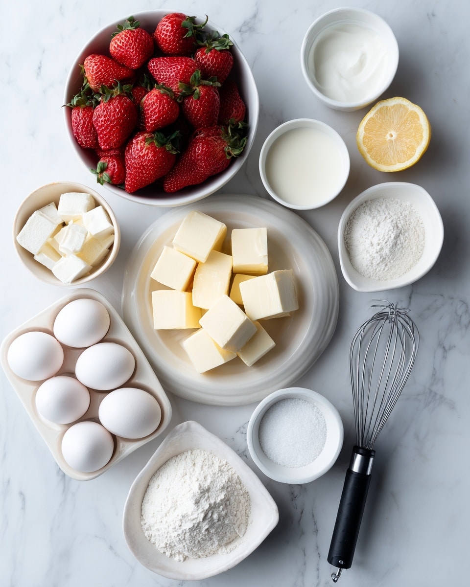 The image shows a white marbled surface with several small white bowls and containers arranged neatly. There is a bowl full of fresh red strawberries at the bottom left. Next to it is a round white bowl with several cubed butter pieces. Above these, there are more small white bowls holding white sugar, cream, flour, salt, and a lemon cut in half. A white tray near the bottom center holds six white eggs. A black whisk is placed toward the right side. The overall layout is clean and organized. Photo taken with an iphone --ar 4:5 --v 7