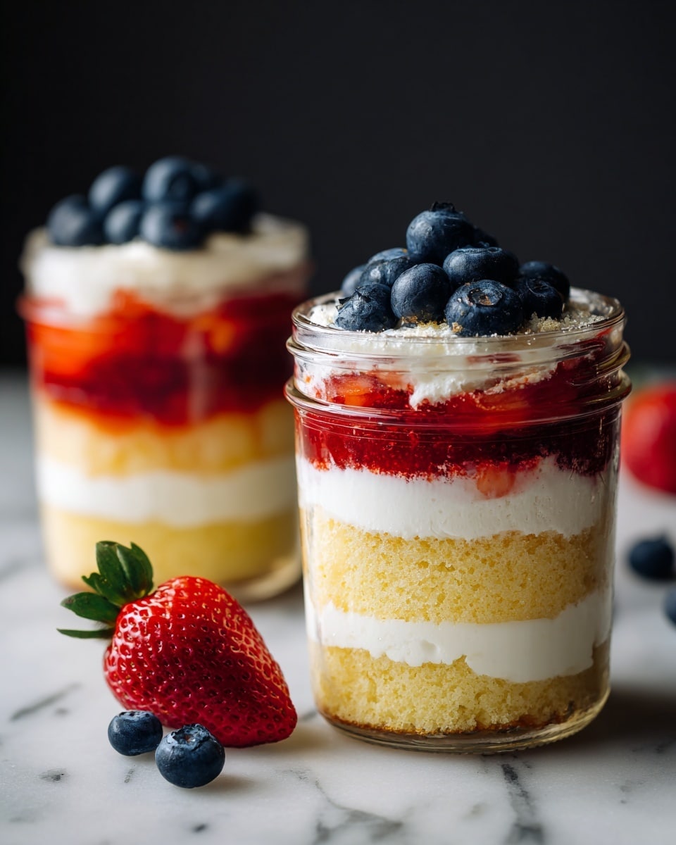 Two clear glass jars filled with layers of dessert are set against a dark background on a white marbled surface. Each jar has four visible layers starting from the bottom with a light yellow cake layer with a soft texture, followed by a thick white cream layer. Above this is a bright red strawberry layer with a slightly chunky texture, topped with another white cream layer. On top, fresh blueberries with a glossy dark blue skin sit on the cream, with some cream visible around the berries. A fresh whole strawberry lies near the jars. photo taken with an iphone --ar 4:5 --v 7