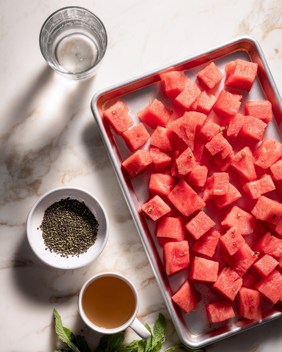 The image shows a baking tray filled with uneven red watermelon cubes on a white marbled surface. Near the tray, there is a white small bowl filled with black seeds or grains, a white cup with a light brown liquid, and a green leafy herb, all placed on the same white marbled surface. A glass partially filled with water is also visible in the top left corner. The scene is brightly lit and very clear. Photo taken with an iphone --ar 4:5 --v 7