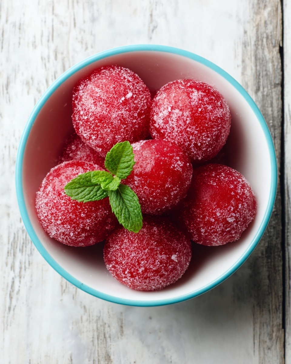 A white bowl filled with several round red-colored balls that have a rough texture, likely frozen or icy, garnished with two small green mint leaves on top. The bowl sits on a white marbled surface with a wooden background partly visible. The bowl itself is turquoise on the outside. Photo taken with an iphone --ar 4:5 --v 7