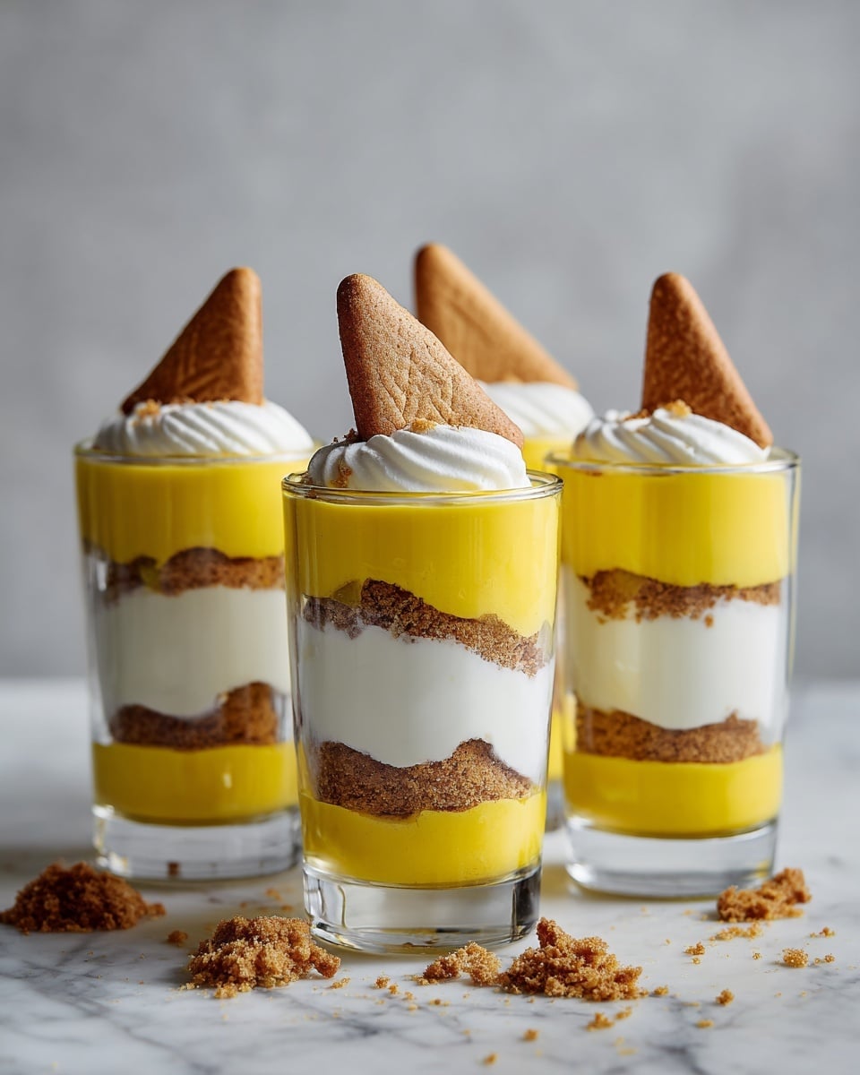 Four clear glasses sit on a white marbled surface, each filled with five visible layers. Starting from the bottom, the first layer is smooth white cream, followed by a thick layer of bright yellow custard, then a crumbly layer of light brown cookie pieces, another smooth white cream layer, and a final layer of yellow custard. Each glass is topped with a dollop of white cream and a triangular cookie piece standing upright. Crumbs of cookies are scattered around the base of the glasses. Photo taken with an iphone --ar 4:5 --v 7