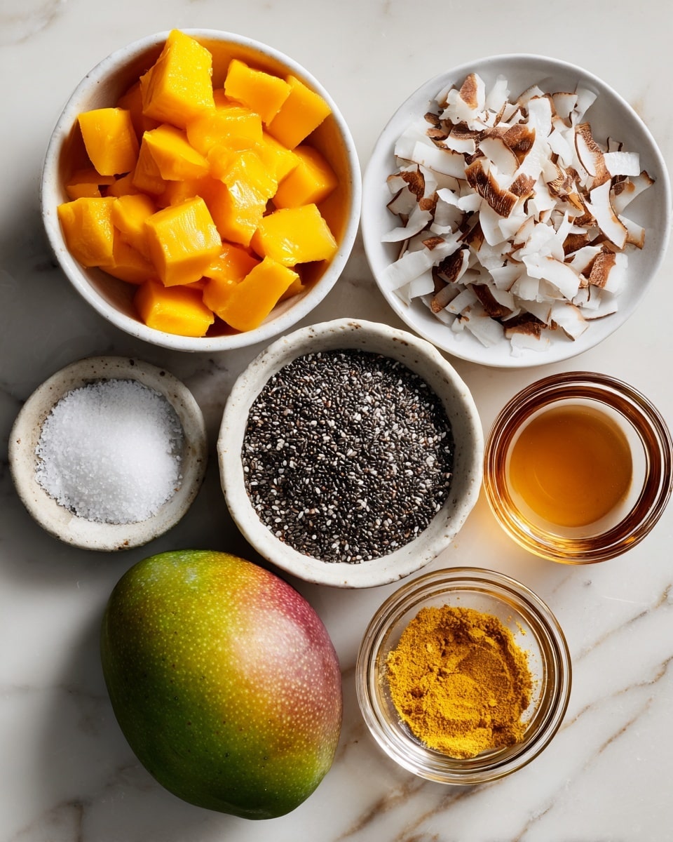 A collection of small white bowls and plates arranged on a white marbled surface, each holding different ingredients: two bowls with bright orange frozen mango cubes, a bowl with toasted coconut flakes that are light brown and cream, a small white plate filled with black and white chia seeds, a small bowl with a pinch of white salt, another bowl with a golden yellow turmeric powder, and two small glasses of amber liquid, possibly honey or syrup; in the center, there is a whole mango with green, yellow, and a bit of reddish skin. Photo taken with an iphone --ar 4:5 --v 7