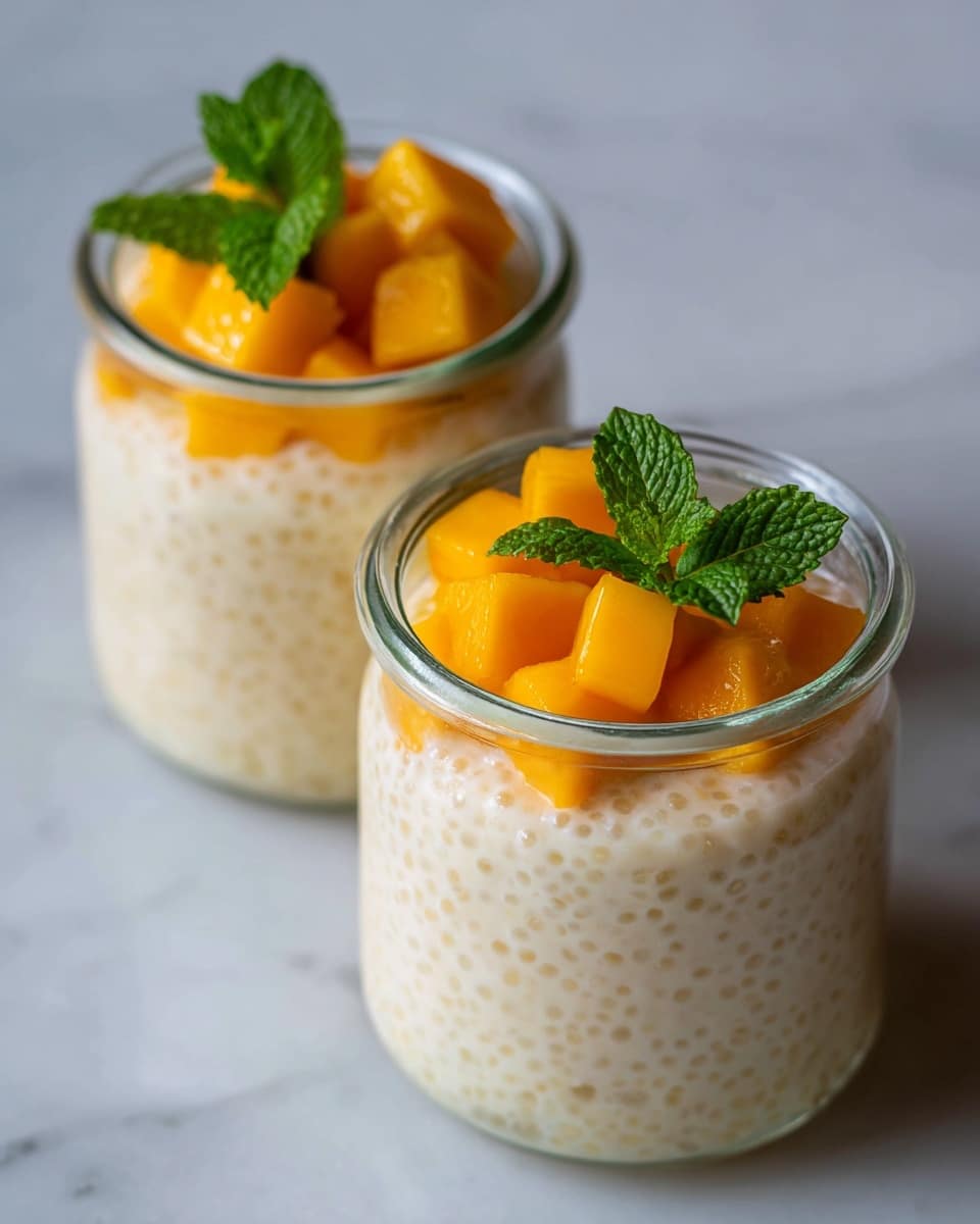Two small clear glass jars sit on a white marbled surface, each layered with a creamy pale yellow pudding mixed with visible small translucent tapioca pearls filling most of the jar. On top of the pudding are several bright orange mango cubes arranged evenly in a neat layer, giving a fresh and juicy look. Each jar has a single green mint leaf standing upright among the mango pieces. The lighting is soft, highlighting the smooth texture of the pudding and the vibrant color of the mangoes. photo taken with an iphone --ar 4:5 --v 7
