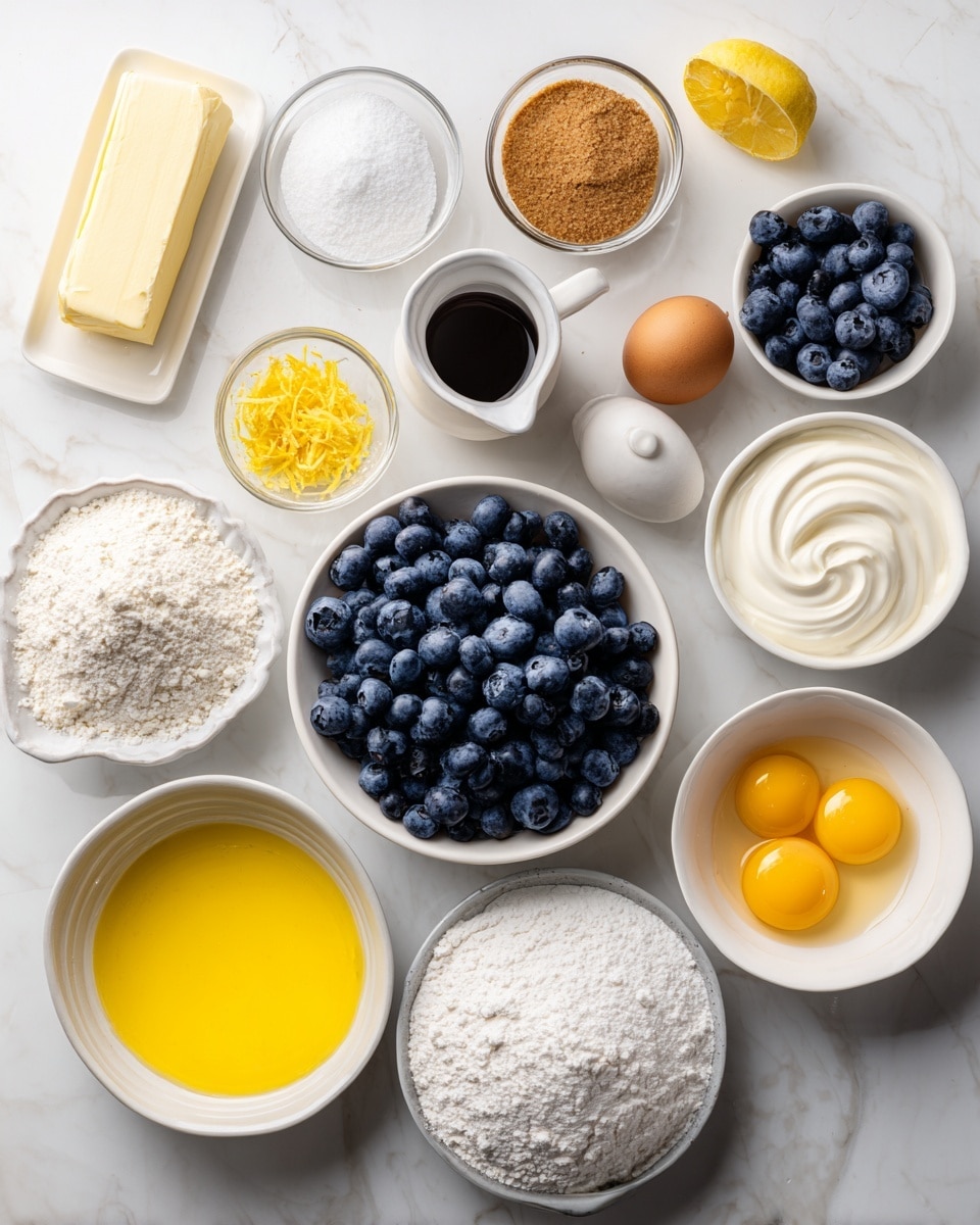 The image shows an arrangement of ingredients on a white marbled surface, including a white bowl full of fresh blueberries placed near the center. Surrounding it are smaller white bowls and glass containers holding bright yellow melted butter, thick white cream, granulated white sugar, light brown soft brown sugar, and fluffy white flour. A small clear dish contains two raw yellow egg yolks, and another bowl has a beige powdery substance with a yellow lemon zest on the side. There is also a small bottle of vanilla extract, a white cup of white powder, and a clear glass of a liquid ingredient. A stick of pale yellow butter rests near the top left. The ingredients are neatly spaced and organized to show each separately. Photo taken with an iphone --ar 4:5 --v 7