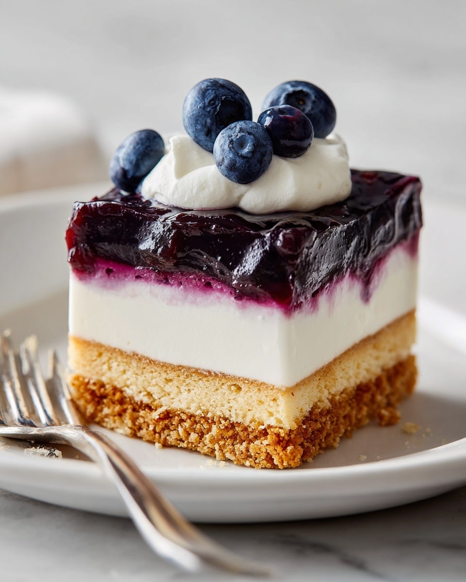 A square piece of dessert is shown on a white plate with a white marbled surface beneath. The dessert has four layers: the bottom and third layers are light golden-brown and crumbly, looking like a biscuit or crust. The second layer is thick and white, smooth like cream or frosting. The top layer is a deep purple blueberry sauce with visible whole blueberries. On top of the dessert is a dollop of white cream with three whole blueberries placed on it. A silver fork is partially visible on the left side of the plate. Photo taken with an iphone --ar 4:5 --v 7