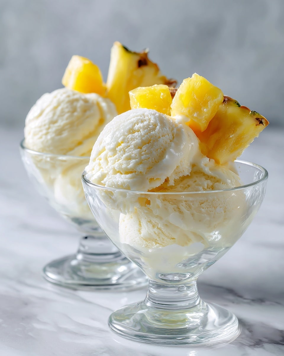 Two clear glass dessert cups filled with two scoops each of pale yellow creamy ice cream. Each cup is topped with two to three small bright yellow pineapple chunks placed on one side of the ice cream. The cups are set on a white marbled surface with soft, natural light highlighting the smooth texture of the ice cream and the juicy look of the pineapple pieces. Photo taken with an iphone --ar 4:5 --v 7