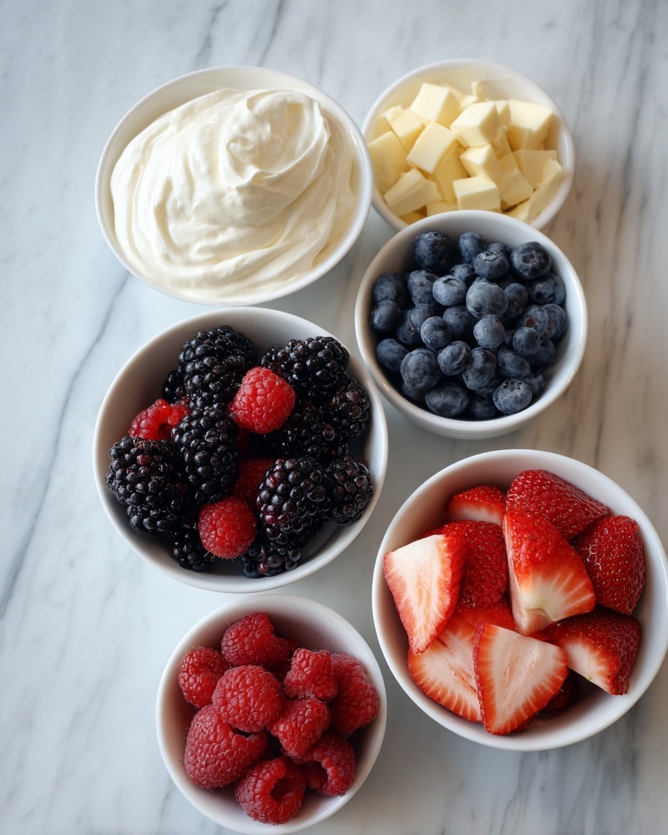 The image shows four white bowls placed on a white marbled surface. One bowl is filled with thick white cream, another bowl contains small yellowish cubes of cake, the third bowl holds fresh blackberries and blueberries mixed together, and the fourth bowl is filled with bright red strawberries cut into slices. A smaller white bowl positioned nearby contains fresh red raspberries. The scene is casual and colorful, highlighting the contrast between the cream, fruit, and cake pieces. photo taken with an iphone --ar 4:5 --v 7