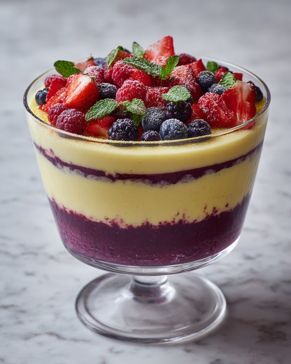 A clear glass trifle bowl shows a layered dessert with five layers visible. The bottom layer is a pale creamy yellow custard, smooth and thick. Above it is a deep purple fruit layer with a slightly uneven texture, likely berries or berry sauce. Next is another creamy yellow layer, topped by a thin, darker reddish-purple layer. The top layer is an assortment of fresh berries—red strawberries, dark blueberries, and bright red raspberries—with small green mint leaves scattered on top. The bowl sits on a white marbled surface. Photo taken with an iphone --ar 4:5 --v 7