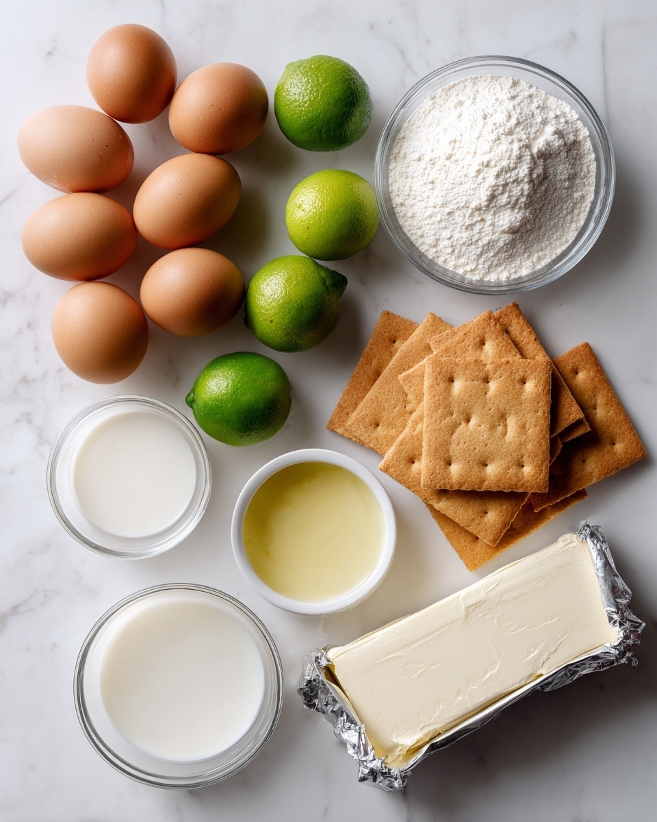 This image shows a white marble surface with ingredients arranged neatly for a recipe. There are ten whole brown eggs grouped on the left side. Below the eggs, there are about ten small green limes scattered in the center. Near the limes, there is a small glass cup of white liquid placed at the bottom left corner. On the top right, there is a small clear bowl filled with white powder. Below this bowl, there is a small white bowl with a pale yellow liquid. Toward the center bottom, four square-shaped graham crackers are stacked slightly overlapping. Next to them, there is a block of cream cheese wrapped in foil, partially opened. Everything is placed on the white marble. photo taken with an iphone --ar 4:5 --v 7