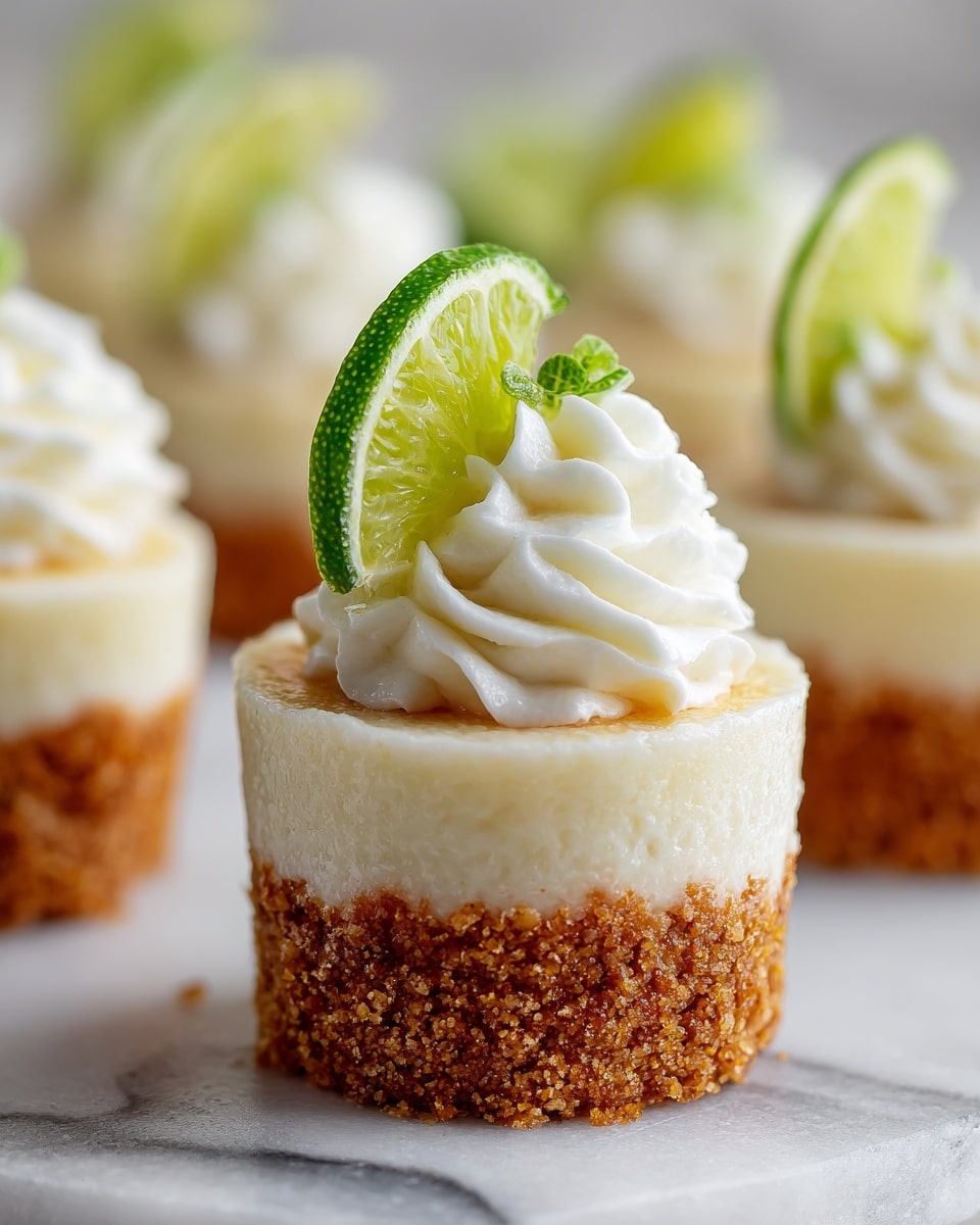 The image shows a close-up of small cupcakes on a white marbled surface, each cupcake with three clear layers; the bottom layer is a light brown crumbly crust, the middle layer is creamy and white, and the top layer is a fluffy white swirl of frosting with a small green lime slice on top. The background is softly blurred with hints of green and more cupcakes. photo taken with an iphone --ar 4:5 --v 7