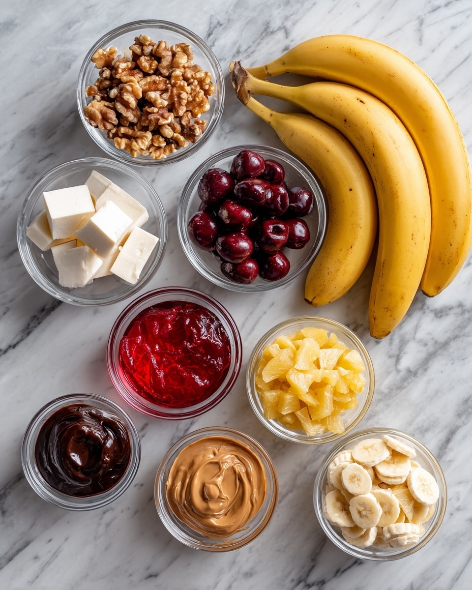 The image shows a white marbled surface with nine small clear glass bowls and two whole bananas arranged in a loose group at the top right. The bowls are filled with different ingredients: one has small walnut pieces, another with white cream cheese squares, one with dark red cherries, another with medium brown peanut butter, another filled with bright red jelly, one with light yellow crushed pineapple, another with dark brown chocolate syrup, and one bowl is empty but visible. The two whole bananas lie near the top right corner of the image. The overall view is bright and clear, showing all ingredients distinctly photo taken with an iphone --ar 4:5 --v 7