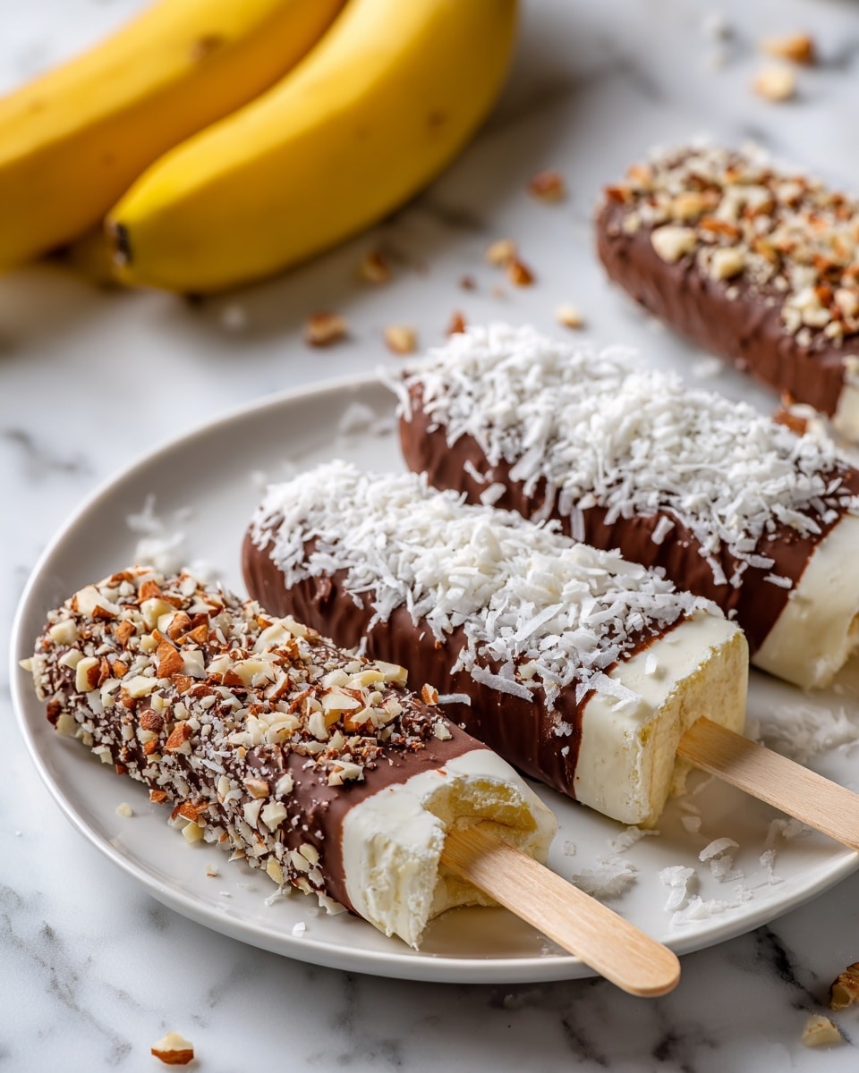 The image shows four popsicles arranged in a row on a white plate placed on a white marbled surface. Each popsicle is layered with a creamy inner section and covered in chocolate. Two of them are coated with white shredded coconut, while the other two are covered with small nut pieces. The popsicle sticks are wooden, and one popsicle in the front is partially bitten, revealing a light yellow creamy interior. A yellow banana is seen blurred in the background. Photo taken with an iphone --ar 4:5 --v 7