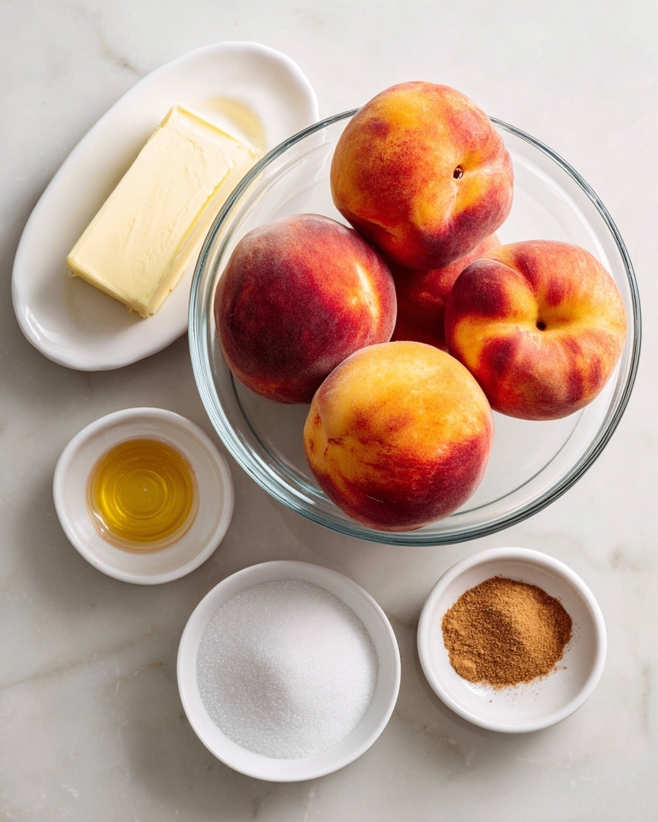 The image shows six whole peaches with a soft fuzzy skin, red and orange in color, arranged inside a clear glass bowl. Around the bowl, there are four small white bowls placed on a white marbled surface. One bowl contains a stick of pale yellow butter resting on a white plate, another is filled with white granulated sugar, a third holds a golden liquid, and the last bowl has a small amount of brown cinnamon powder. The items are neatly spaced, creating a simple and clean layout. photo taken with an iphone --ar 4:5 --v 7