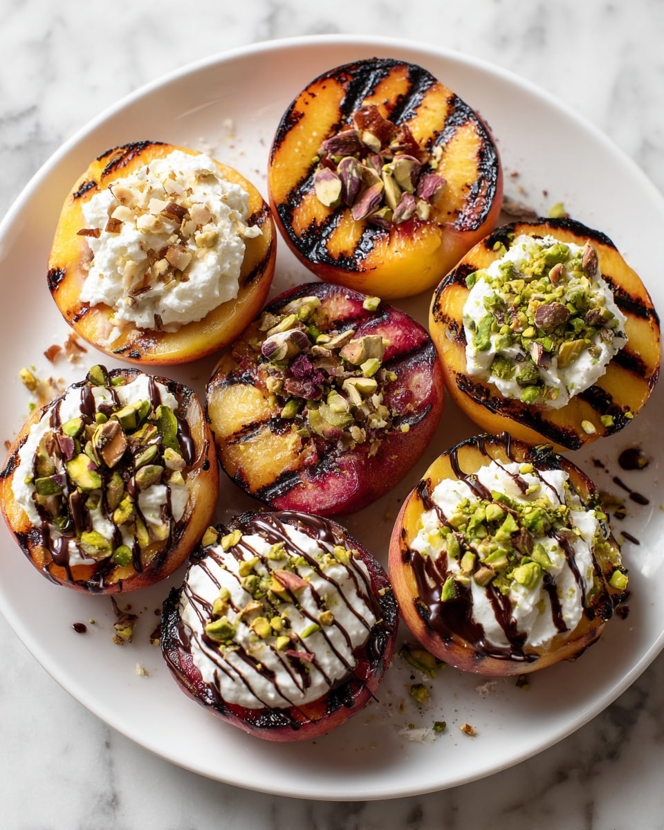 The image shows a white plate with eight halved grilled peaches arranged in a circle. Each peach half has grill marks and is topped with different toppings. Some halves have white cream with light brown nut pieces, others have white cream with green pistachio pieces, and one has white cream drizzled with dark chocolate. The plate sits on a white marbled surface. Photo taken with an iphone --ar 4:5 --v 7