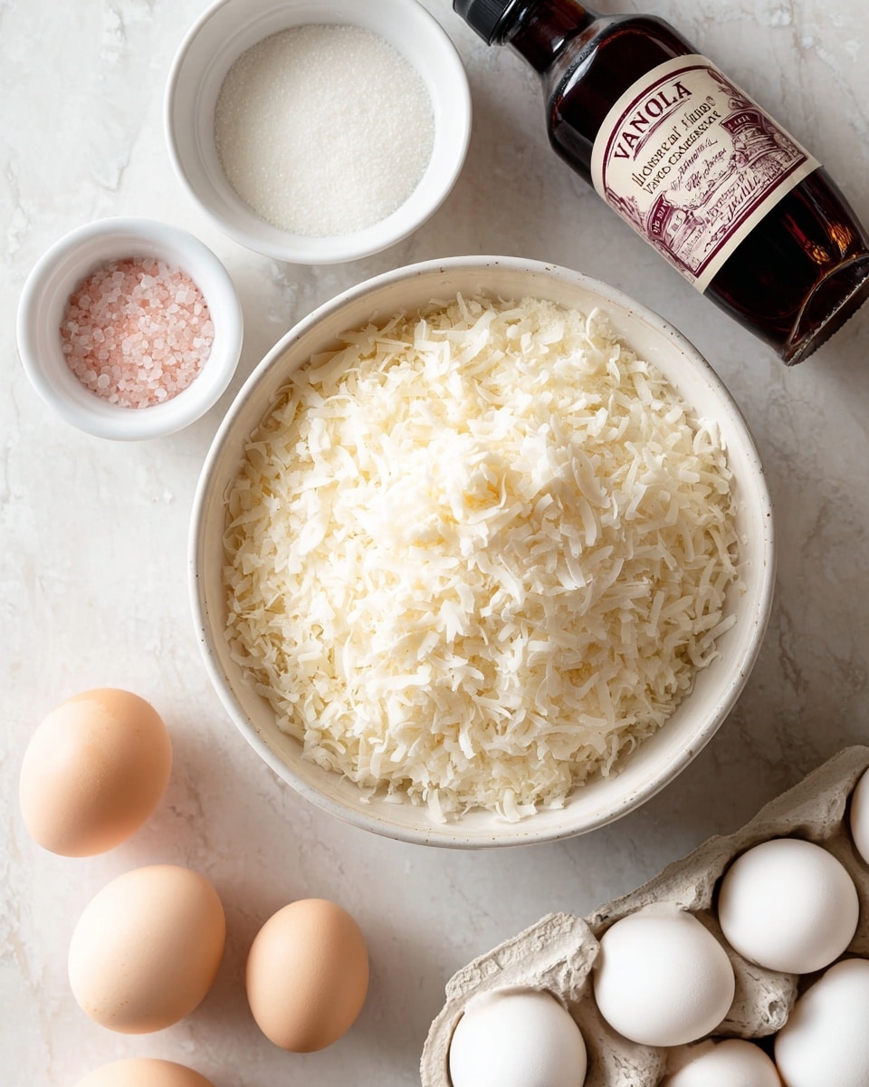 A close-up image showing baking ingredients on a white marbled surface, including one large white bowl filled with off-white coconut flakes that have a rough, curled texture; two small white bowls above it, one with granulated white sugar and the other with a small amount of pinkish salt; a brown bottle of vanilla extract with a cream and maroon label to the right; and a carton holding six clean white eggs in the bottom right corner. Photo taken with an iphone --ar 4:5 --v 7