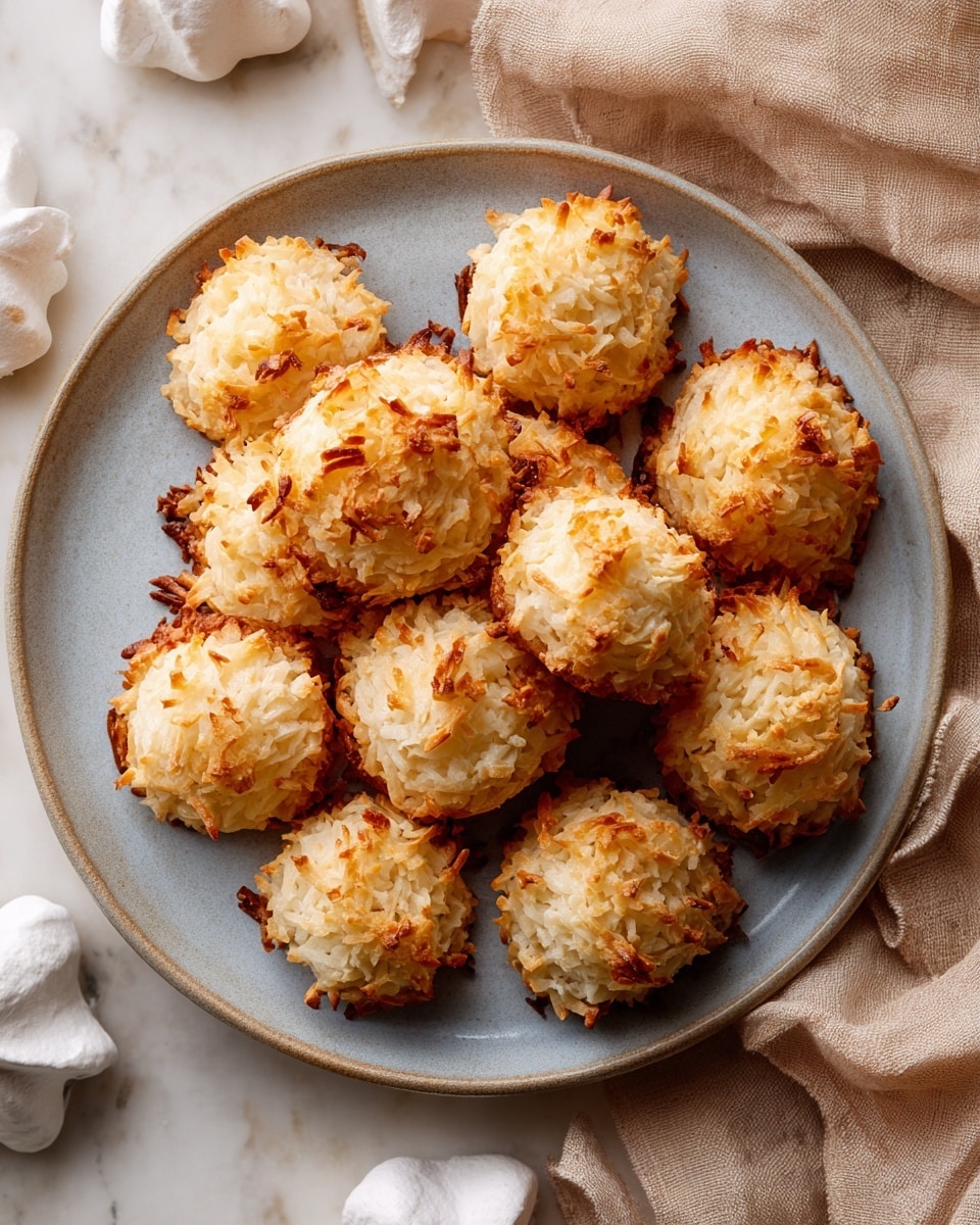 A round gray plate holds about fifteen small, golden-brown coconut macaroons with a rough, shredded texture and slightly darker toasted edges. Some macaroons are placed in a loose cluster at the top left corner of the plate, while more are spread out on the plate’s center and right side. Around the plate, there are soft, light brown cloth folds and white meringue-like pieces on a white marbled surface, which adds to the cozy feel. photo taken with an iphone --ar 4:5 --v 7
