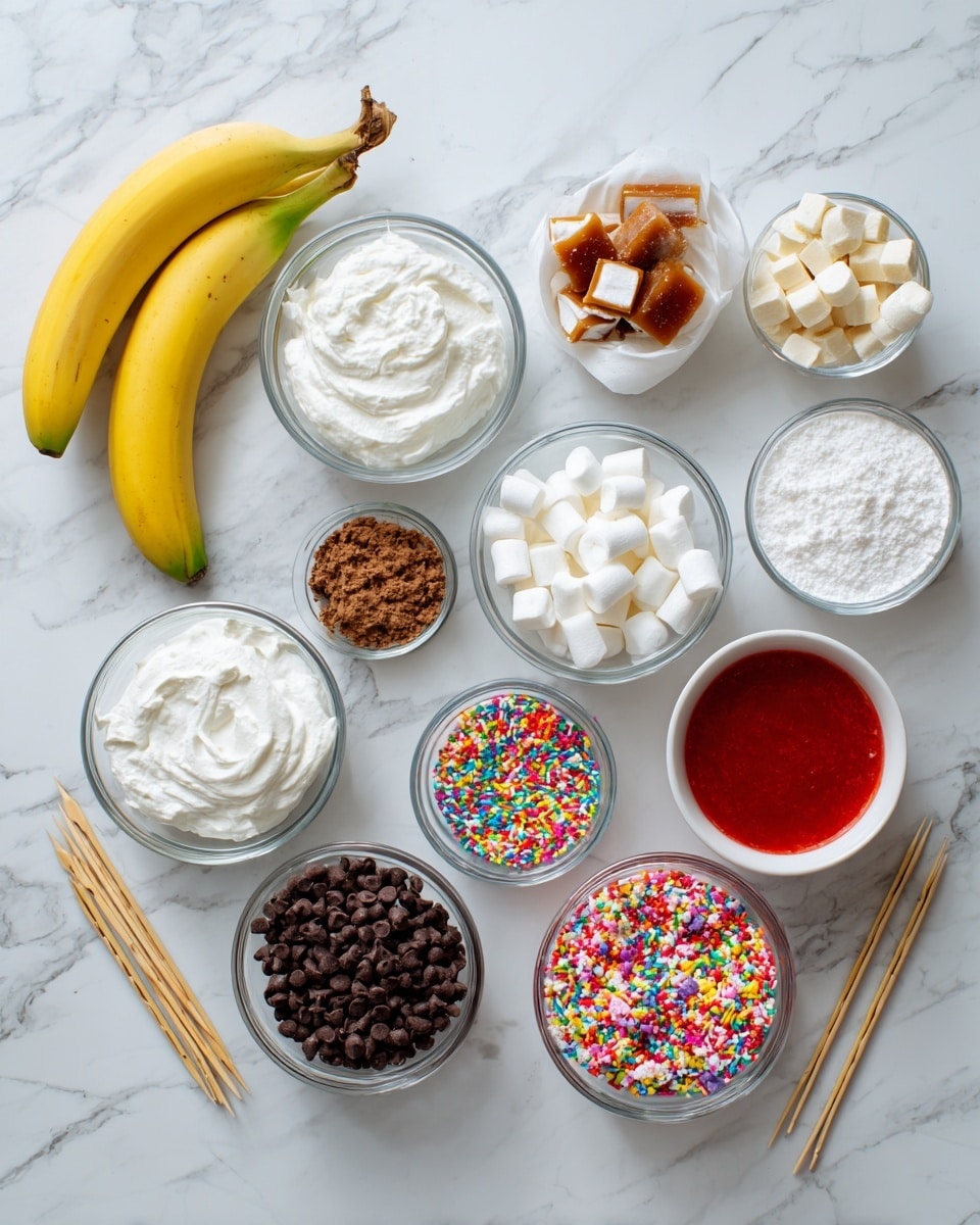 The image shows several small clear glass bowls placed on a white marbled surface. Each bowl holds different ingredients: one with white cream, another with square-shaped caramel pieces, one with white powder, a bowl with small white marshmallows, one full of chocolate chips, a bowl with red sauce, and one filled with colorful sprinkles. Beside the bowls, there are three yellow bananas and a few wooden skewers. The setup is bright and neat with all items carefully arranged in a grid-like form. photo taken with an iphone --ar 4:5 --v 7
