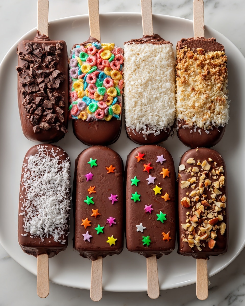 The image shows six chocolate-covered ice cream bars lined up vertically on a white plate, placed on a white marbled surface. Each bar is a rich brown color with a smooth chocolate coating. From top to bottom: the first bar is topped with small chocolate chunks; the second is covered in colorful, round cereal pieces; the third has a layer of crumbly beige topping; the fourth is sprinkled with shredded white coconut; the fifth is decorated with bright, small star-shaped sprinkles in green, red, orange, purple, and yellow; the sixth features crushed nuts in small pieces. Each bar has a wooden stick at the bottom, and the photo taken with an iphone --ar 4:5 --v 7