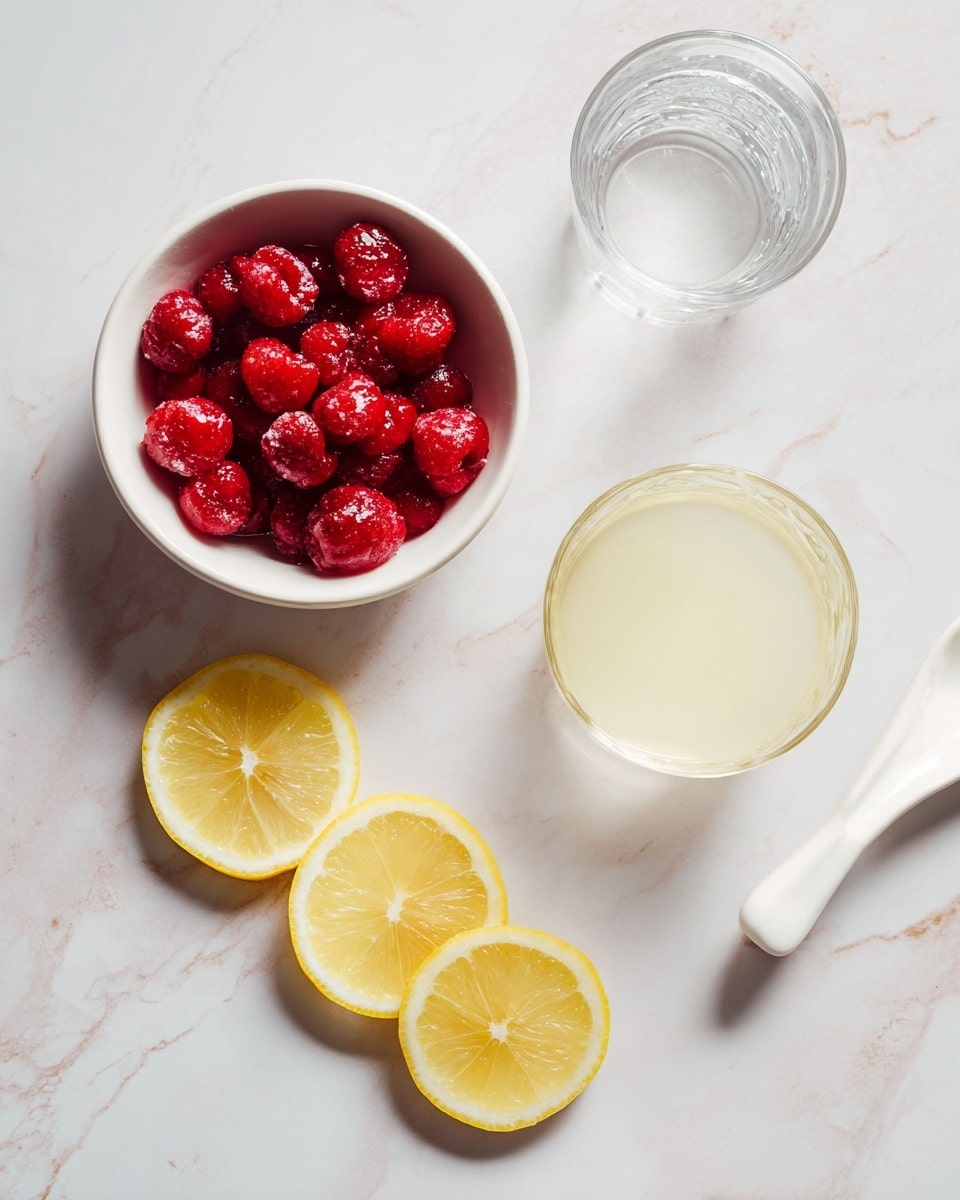 The image shows a white marbled surface with a white bowl at the bottom left filled with bright red frozen berries. To the right of the bowl, there are five thin, yellow, round slices of lemon arranged loosely in a downward, curved line. Above these slices is a small clear glass filled with pale yellow juice, possibly lemon juice. At the top right corner, there is a glass of water and a white sour cream or yogurt spoon resting on the surface. A woman's hand is holding the spoon. The scene is bright and clean, with soft natural light and a minimal style. photo taken with an iphone --ar 4:5 --v 7