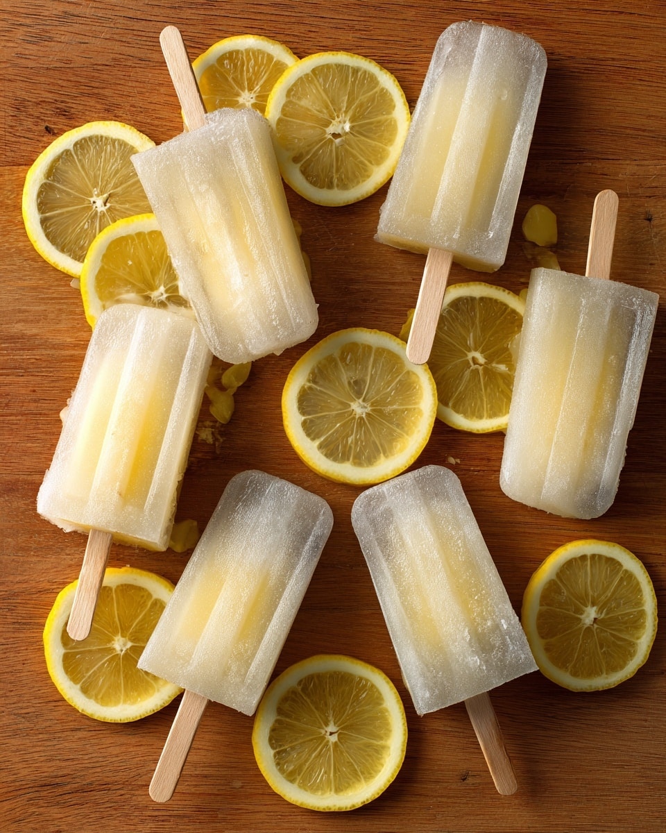 The image shows nine lemon popsicles arranged on a wooden surface, each with two layers: a clear icy outer layer and a pale yellow inner layer. The popsicles are placed among several lemon slices, which have a bright yellow rind and a juicy, translucent light yellow center with visible seeds. The wooden sticks of the popsicles are light brown and stick out from one end. The wooden surface has a warm tone with a smooth texture. photo taken with an iphone --ar 4:5 --v 7