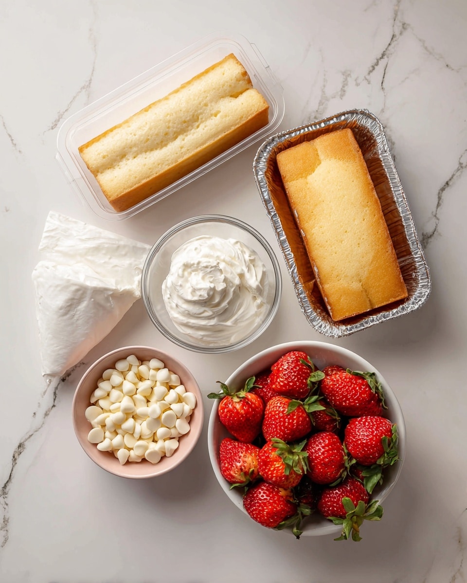 The image shows ingredients for a strawberry dessert arranged neatly on a white marbled surface. At the top left, there is a golden brown cake inside a clear plastic container, next to it on the right is another golden brown cake in a silver foil tray. Below these, to the left, lies a white piping bag filled with cream, beside which is a clear glass cup with white cream inside. In the center, a small pink bowl holds white chocolate chips, while to the right, there is a white bowl filled with fresh, bright red strawberries with green leaves still attached. Photo taken with an iphone --ar 4:5 --v 7