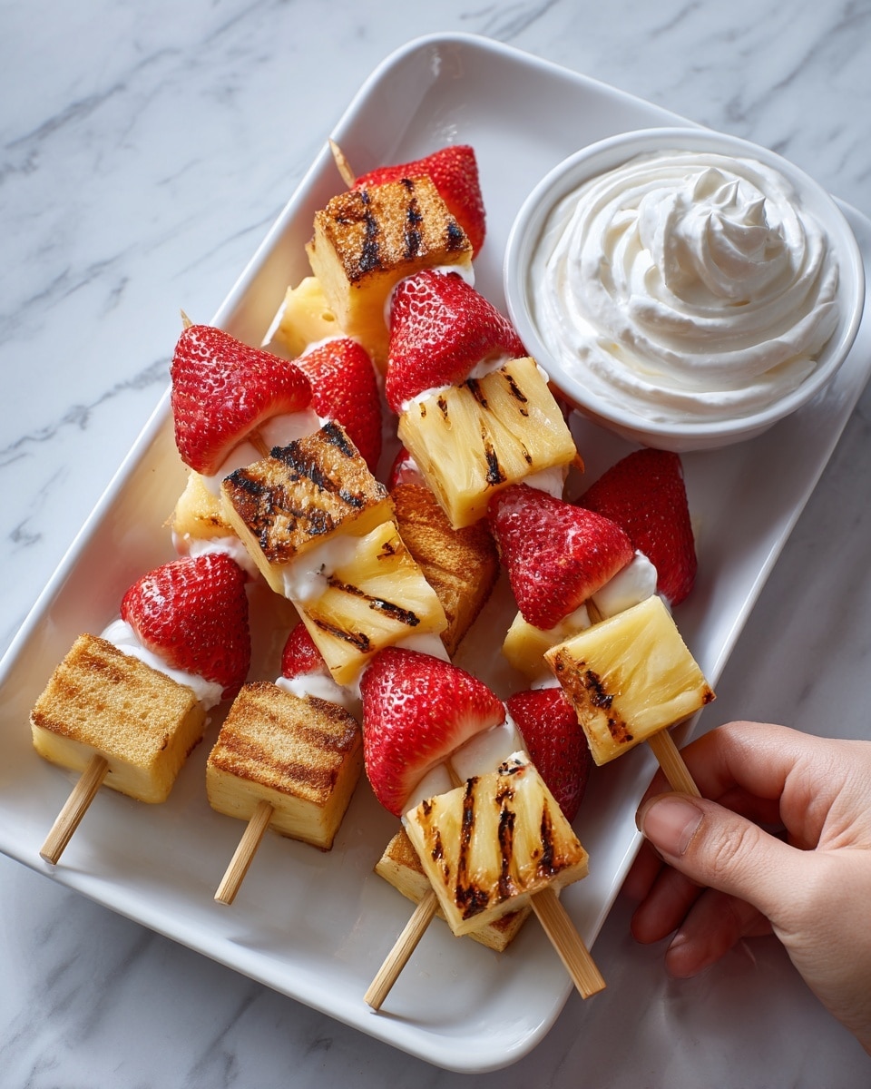 Two wooden skewers lie side by side on a white rectangular tray placed on a white marbled surface, each skewer layered with alternating chunks of pale yellow grilled pineapple, bright red strawberries, and small square pieces of golden brown grilled bread. Next to the skewers, a small white bowl filled with swirled white whipped cream adds a soft texture contrast. A woman's hand holds the tray from the right edge, giving a sense of scale. The colors are warm and fresh, with the charred grill marks visible on the pineapples and bread. Photo taken with an iphone --ar 4:5 --v 7