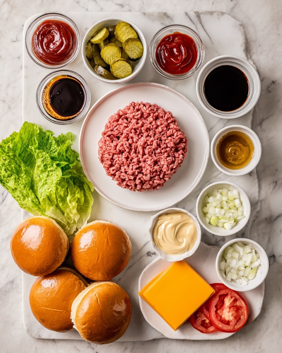 The image shows ingredients arranged neatly on a white marbled surface. In the center, there is a white plate with a thick layer of raw ground meat. Around it, starting from top left clockwise, there is a white bowl with pickles, small white bowls with ketchup, a dark brown sauce, and soy sauce. Below them are four shiny golden burger buns arranged in a cluster. Near the buns, there is a white bowl with a creamy light yellow sauce. Below this, two bright red tomato slices sit next to a slice of bright orange cheddar cheese on a white plate. To the left of the meat, large fresh green lettuce leaves lay flat, and small white bowls with mustard, salt, ground pepper, and sliced onions complete the layout. Photo taken with an iphone --ar 4:5 --v 7