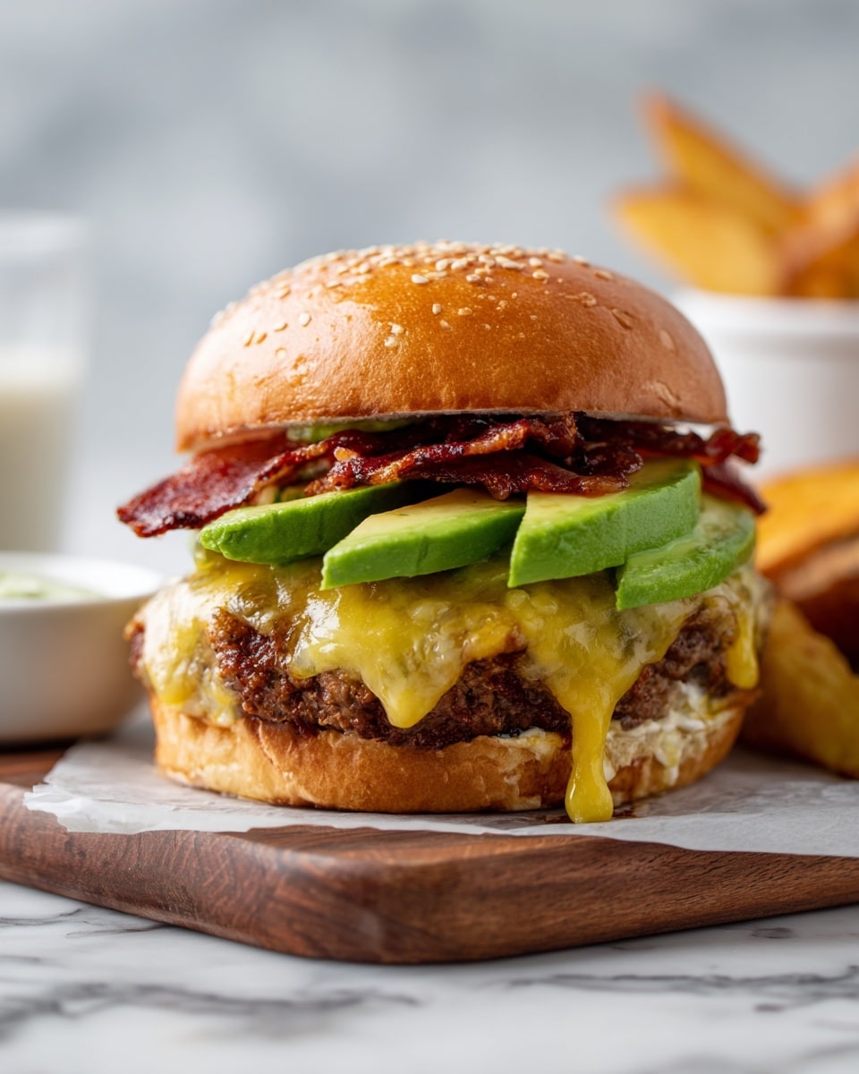 A white sesame seed bun sandwich with three layers is shown. On the bottom bun, there is a thick, browned meat patty covered with melted yellow cheese that drips slightly. Above the cheese, there are bright green avocado slices placed side by side. On top of the avocados, there are thin, crispy red bacon strips layered loosely. The top bun, which is golden brown and shiny, crowns the sandwich. The burger is placed on a wooden board resting on a white marbled surface, with some potato wedges and a small white cup in the background. photo taken with an iphone --ar 4:5 --v 7