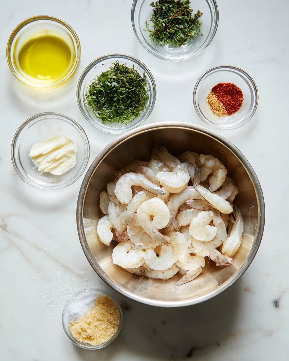 The image shows a shiny metal bowl filled with raw shrimp that are pale pink and arranged loosely inside. Around the bowl, there are six small clear glass bowls placed on a white marbled surface. One bowl contains finely chopped green herbs, another has a light yellow liquid that looks like oil, while a third holds a white creamy substance. A small bowl has a bright red spice, another one contains a pale yellow grainy paste, and the last bowl has a small amount of white salt. The overall look is clean and fresh with light colors. Photo taken with an iphone --ar 4:5 --v 7